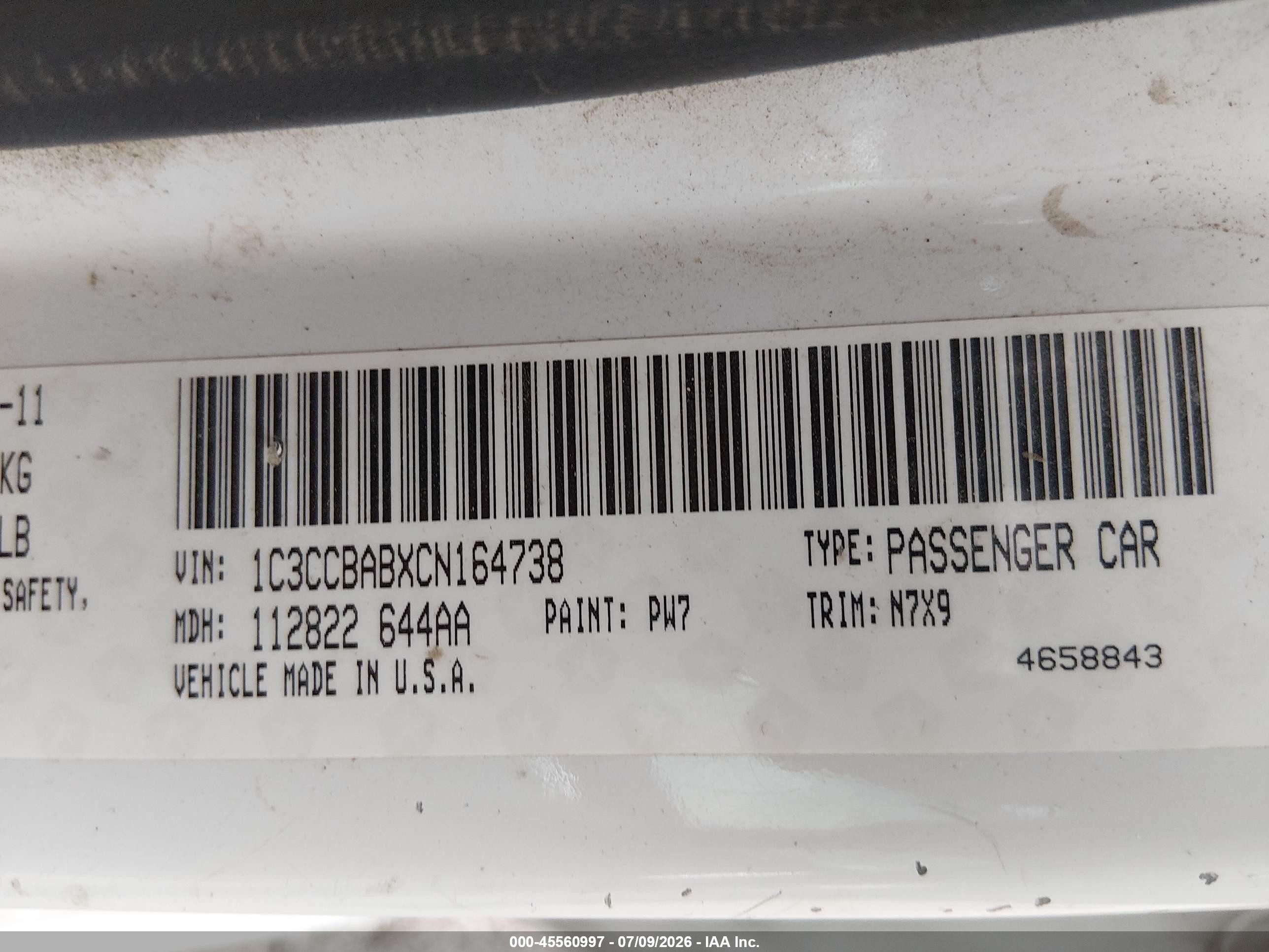 2012 Chrysler 200 Lx White vin: 1C3CCBABXCN164738