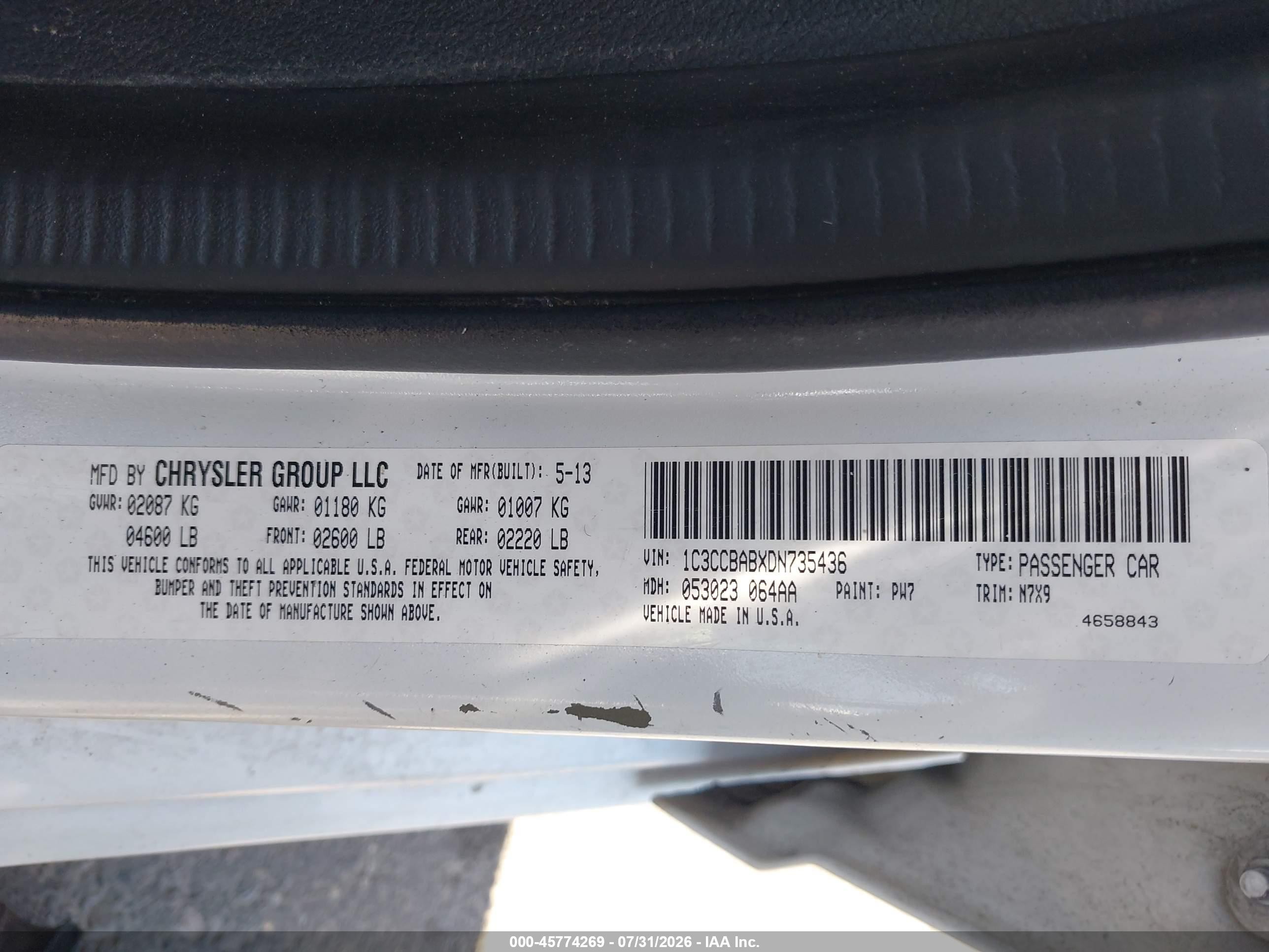 2013 Chrysler 200 Lx White vin: 1C3CCBABXDN735436