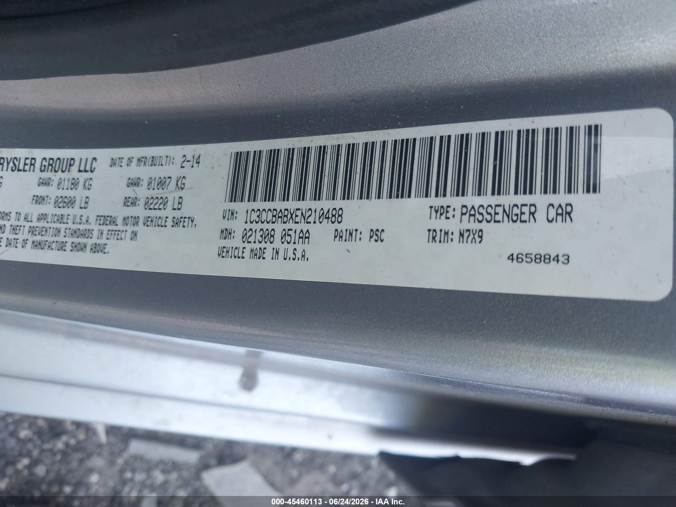 2014 Chrysler 200 Lx Серебряный vin: 1C3CCBABXEN210488