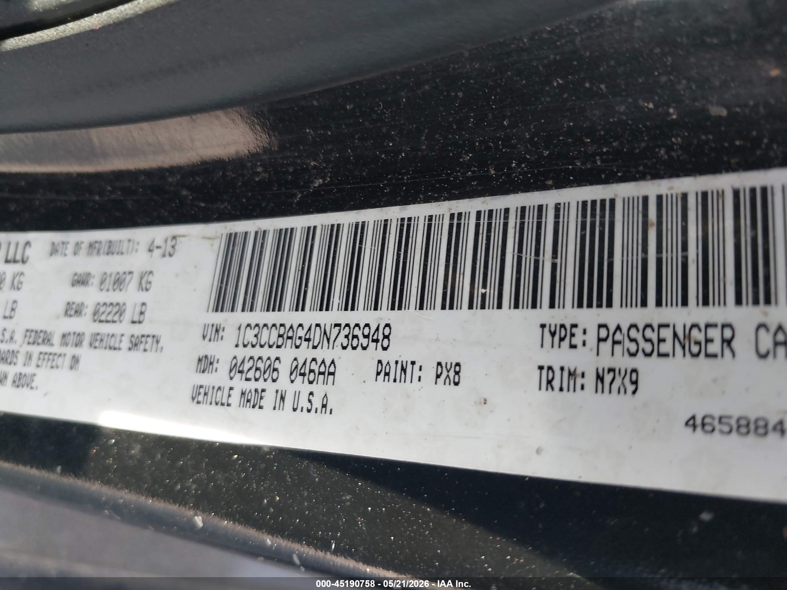 2013 Chrysler 200 Lx Black vin: 1C3CCBAG4DN736948