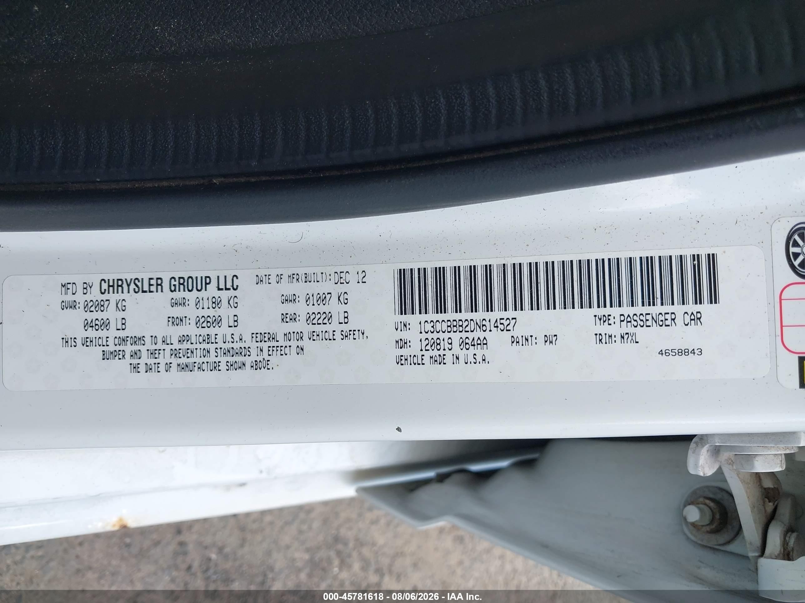 2013 Chrysler 200 Touring Белый vin: 1C3CCBBB2DN614527