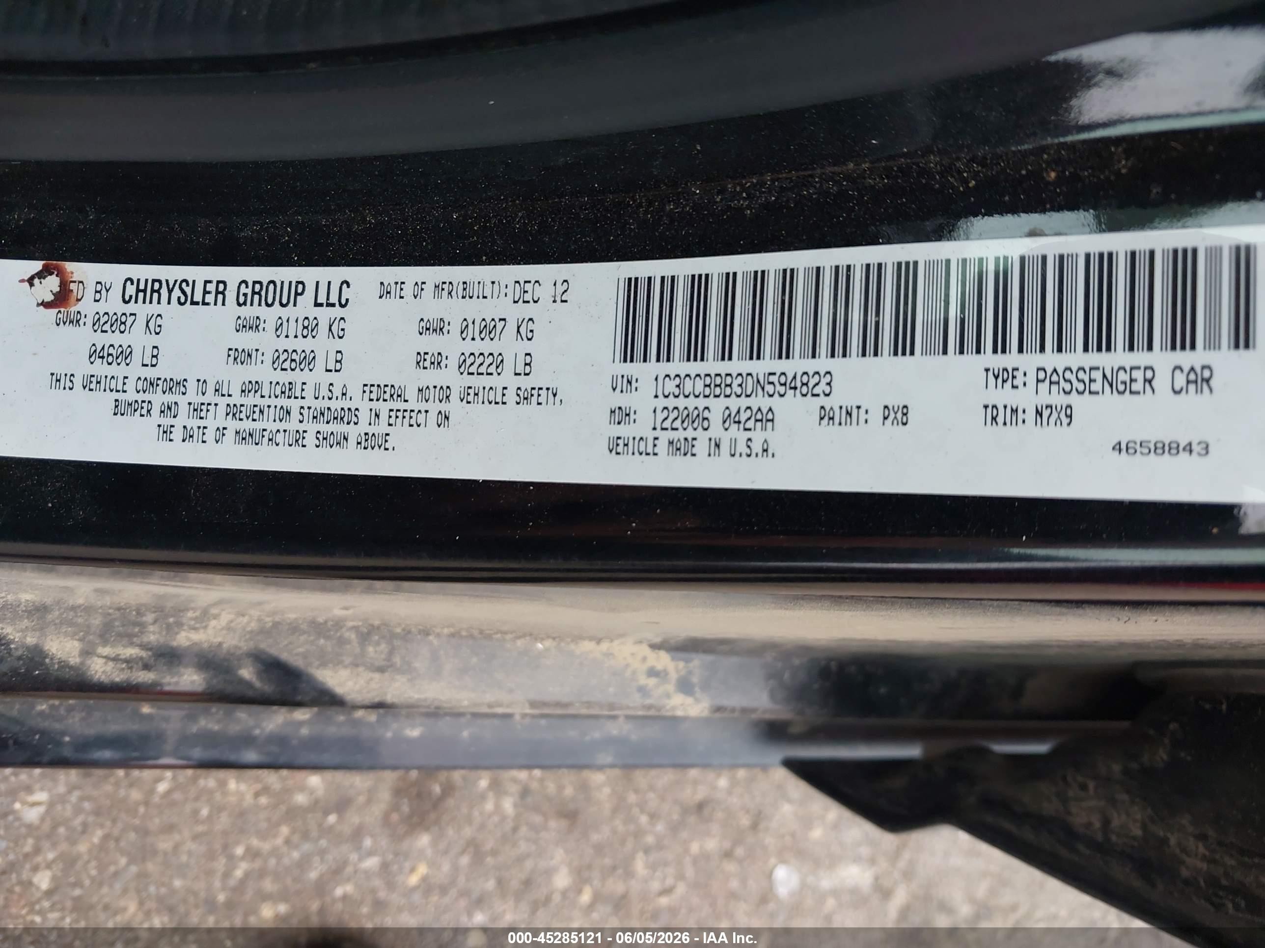 2013 Chrysler 200 Touring Black vin: 1C3CCBBB3DN594823