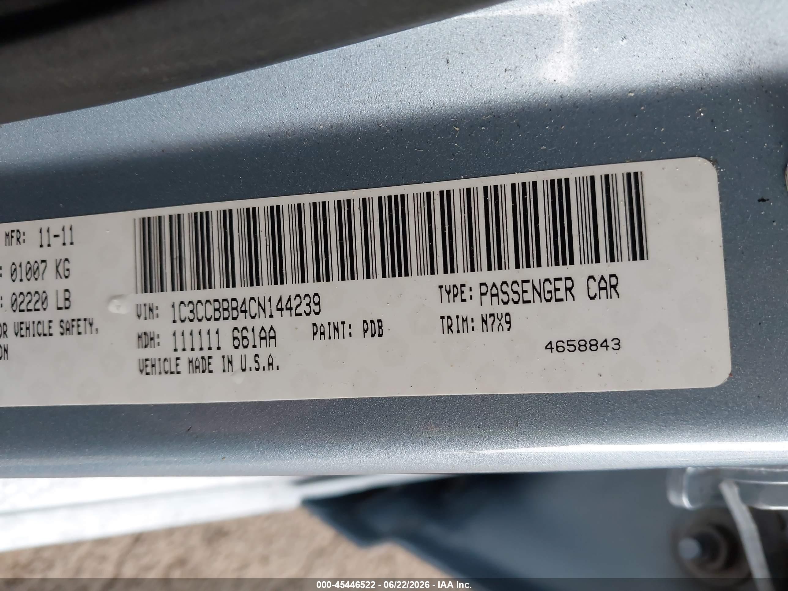 2012 Chrysler 200 Touring Light Blue vin: 1C3CCBBB4CN144239