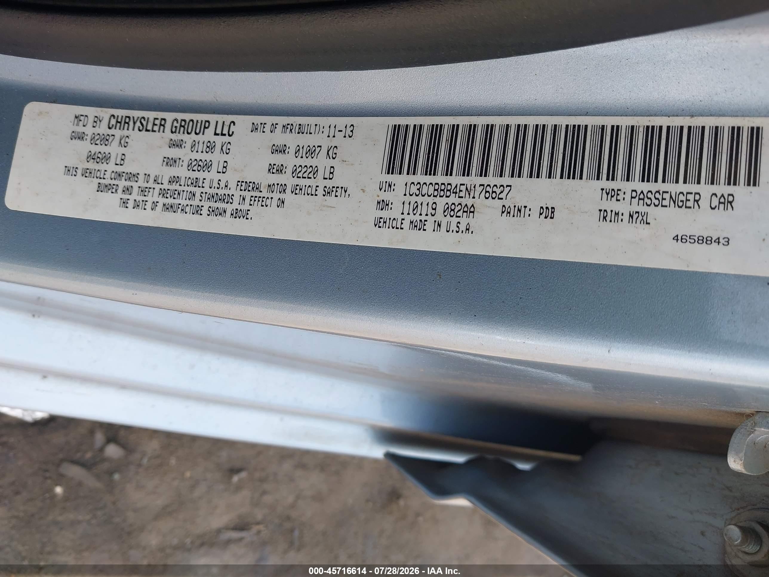 2014 Chrysler 200 Touring Light Blue vin: 1C3CCBBB4EN176627