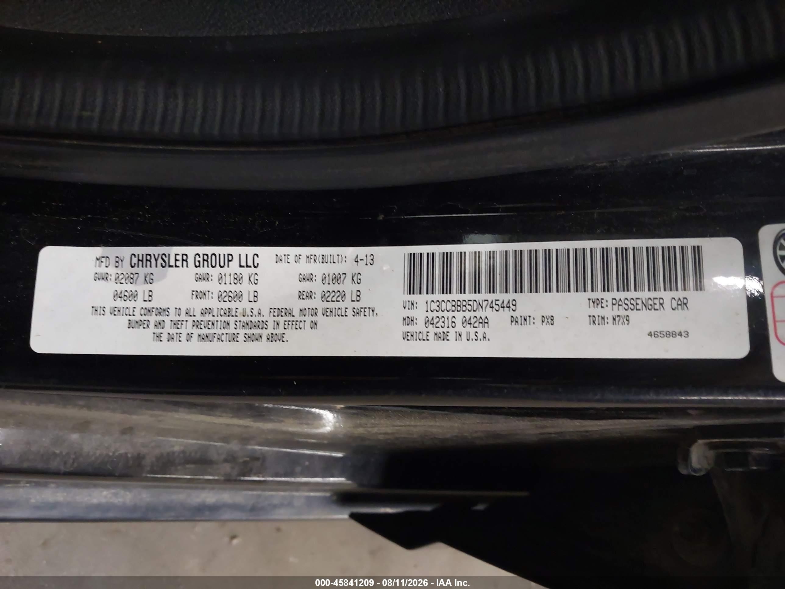 2013 Chrysler 200 Touring Black vin: 1C3CCBBB5DN745449