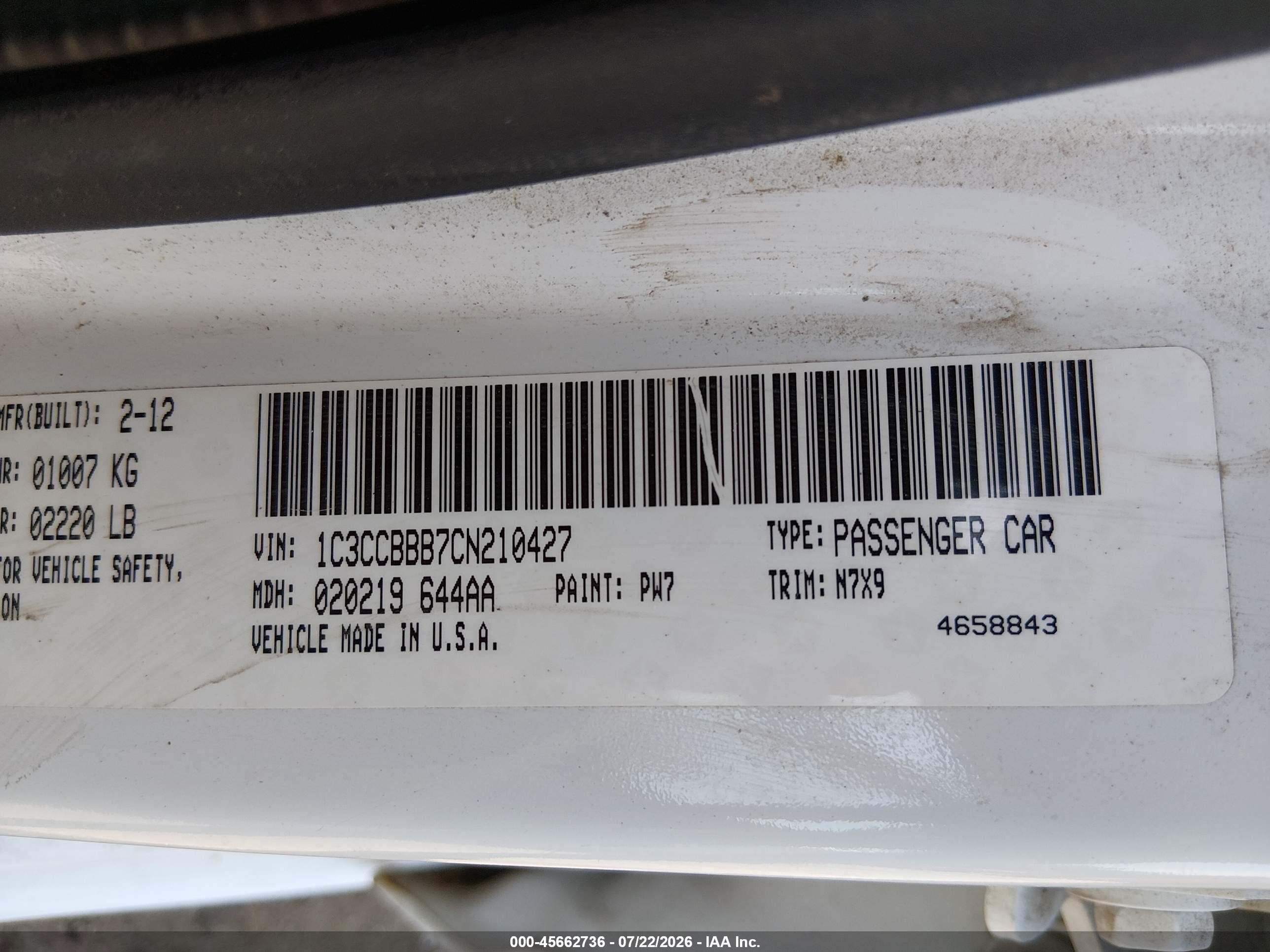 2012 Chrysler 200 Touring White vin: 1C3CCBBB7CN210427