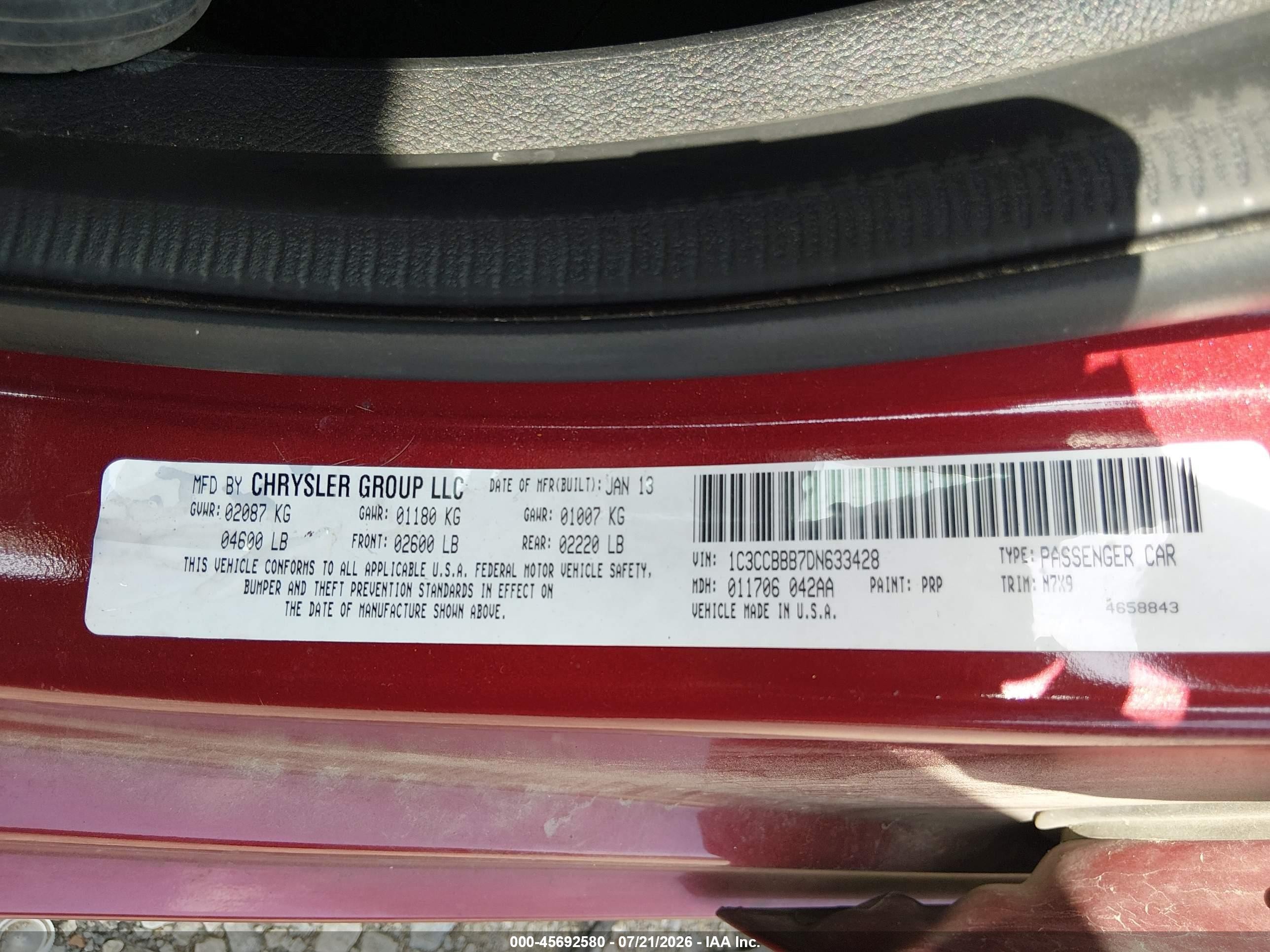 2013 Chrysler 200 Touring Red vin: 1C3CCBBB7DN633428