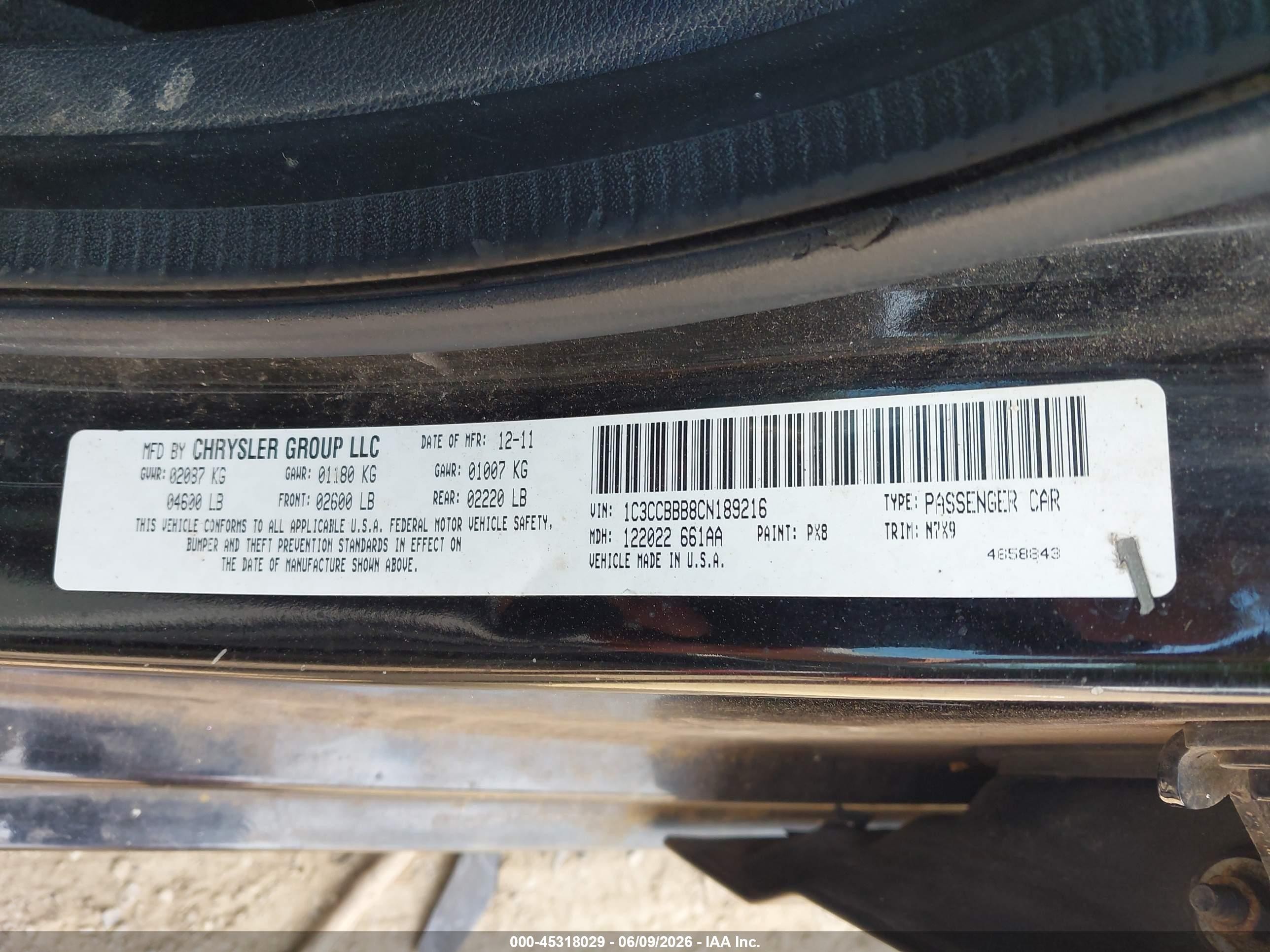 2012 Chrysler 200 Touring Black vin: 1C3CCBBB8CN189216