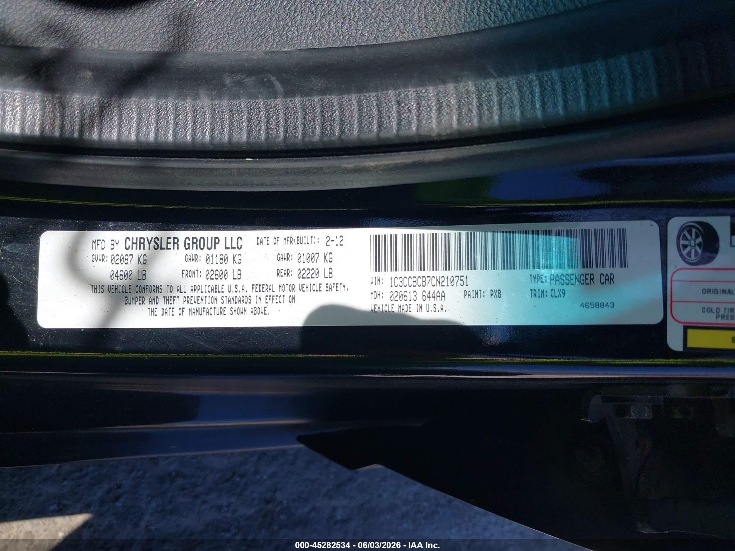 2012 Chrysler 200 Limited Черный vin: 1C3CCBCB7CN210751