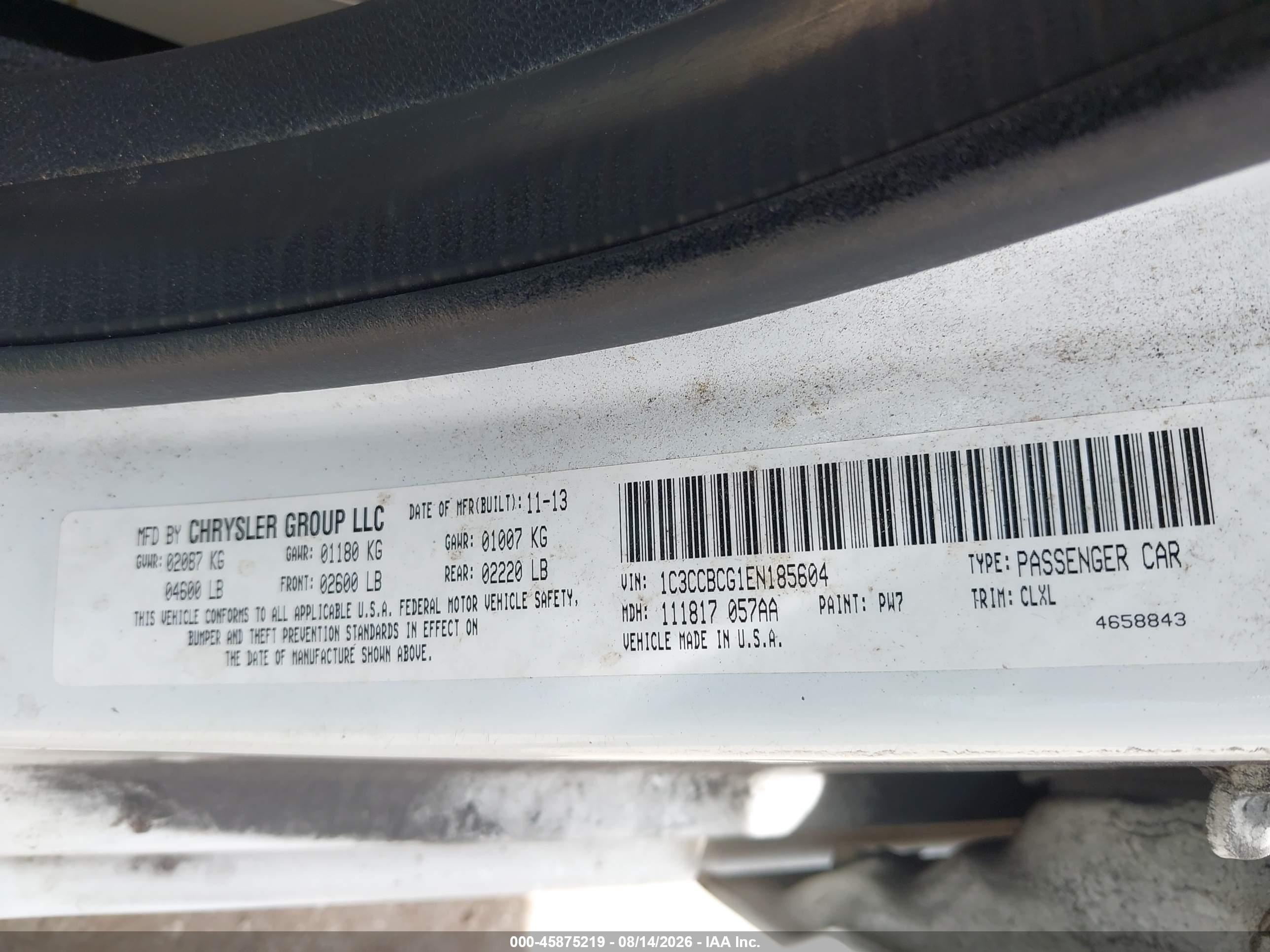 2014 Chrysler 200 Limited White vin: 1C3CCBCG1EN185604