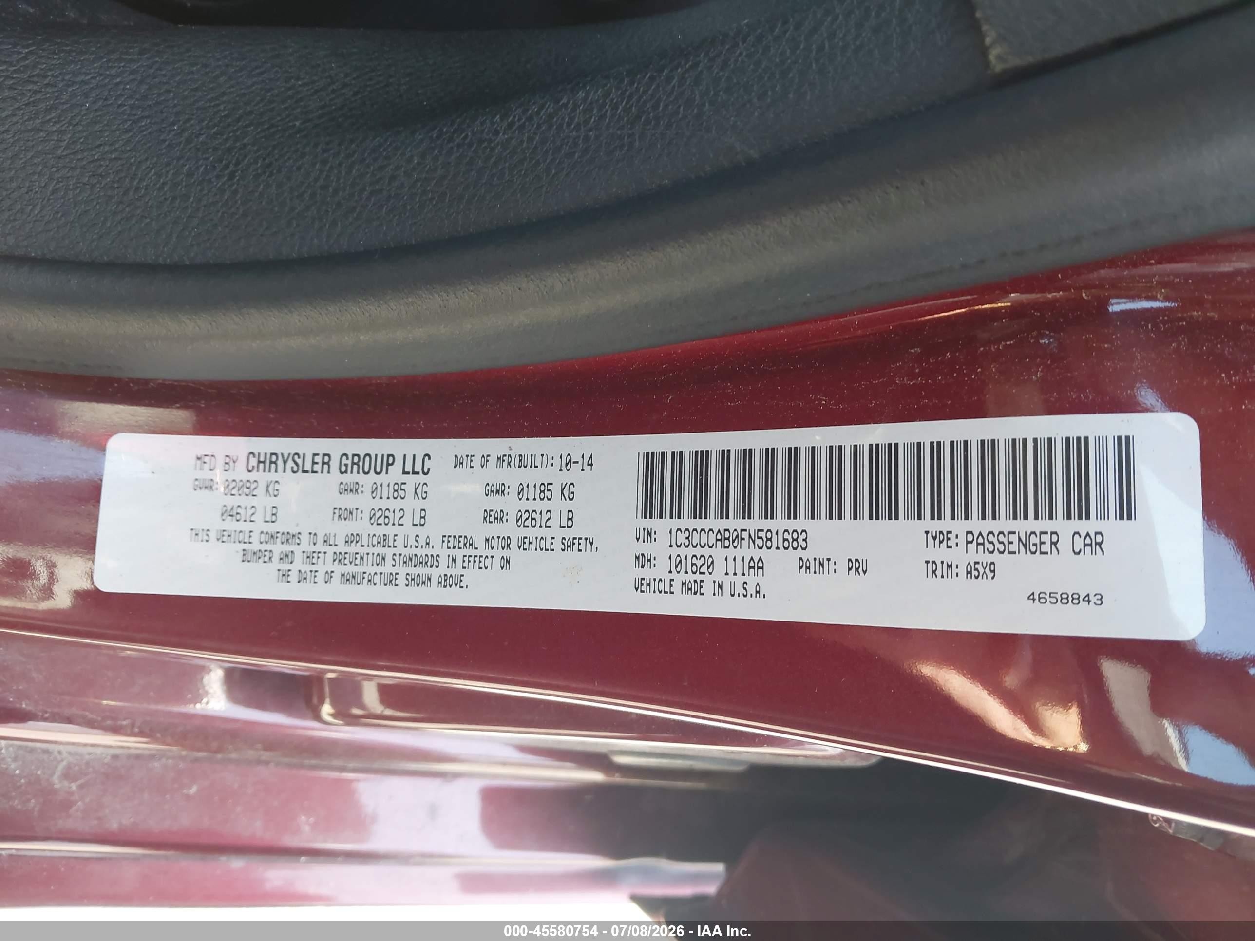 2015 Chrysler 200 Limited Red vin: 1C3CCCAB0FN581683