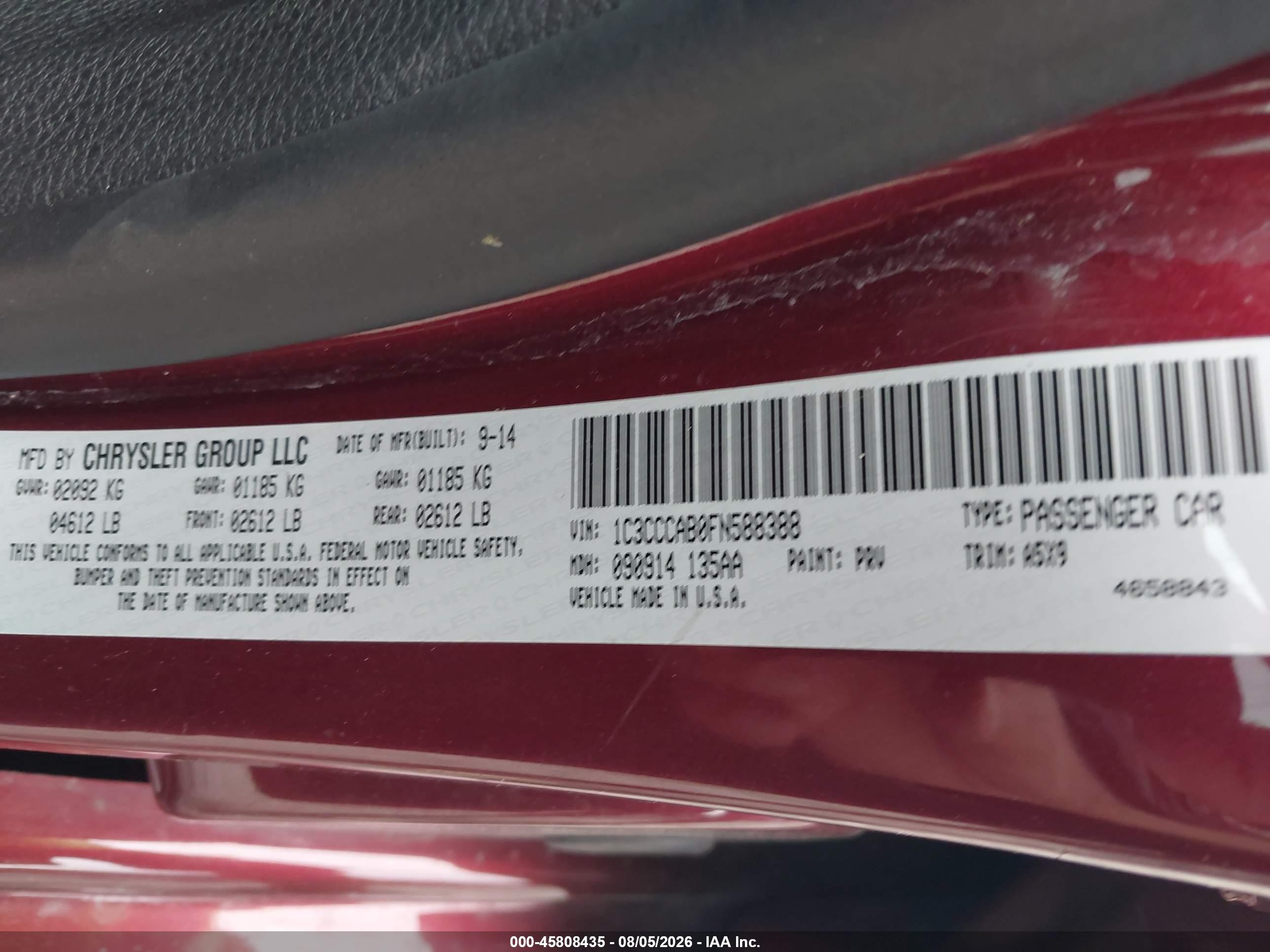 2015 Chrysler 200 Limited Red vin: 1C3CCCAB0FN588388