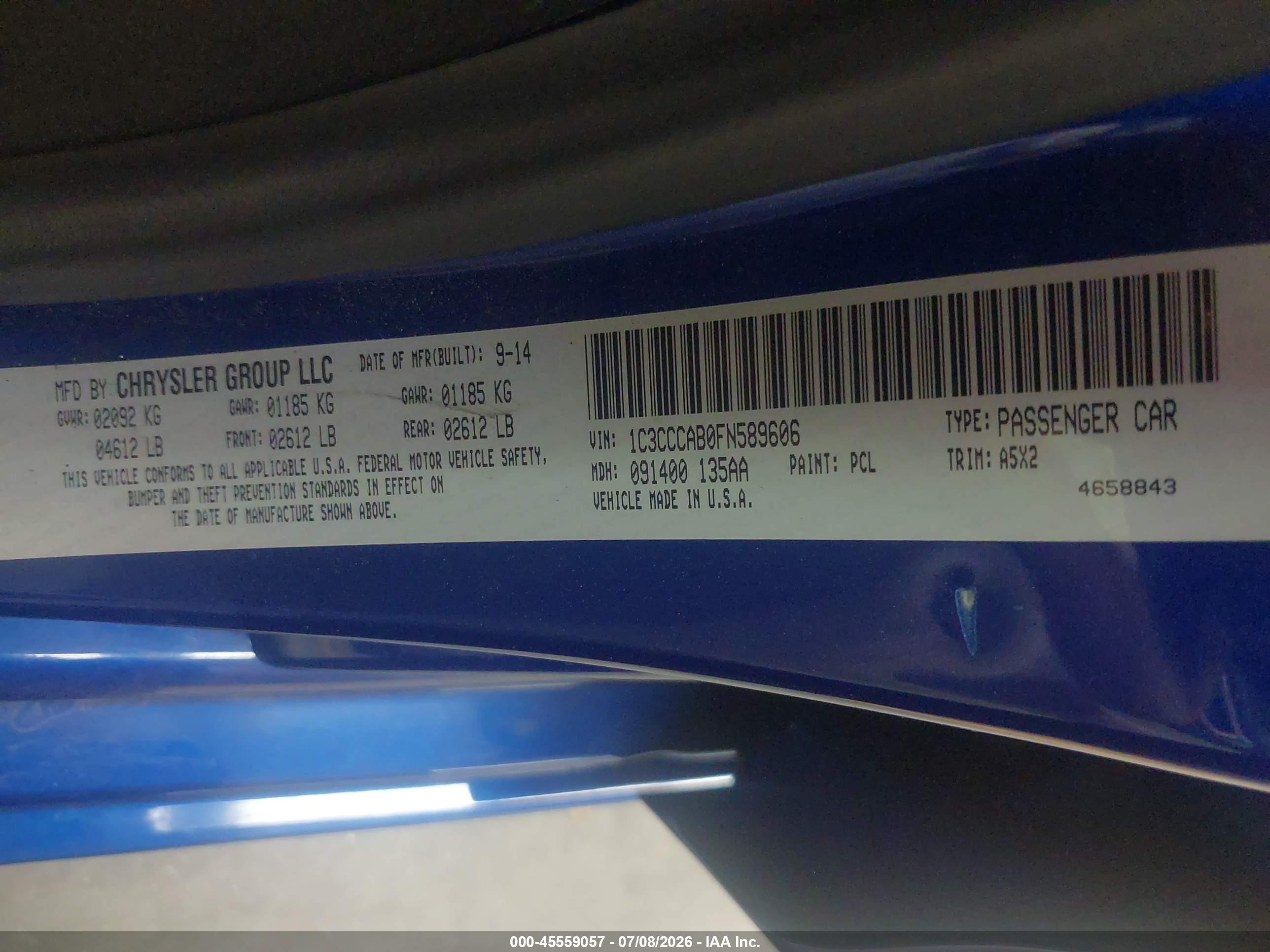 2015 Chrysler 200 Limited Blue vin: 1C3CCCAB0FN589606