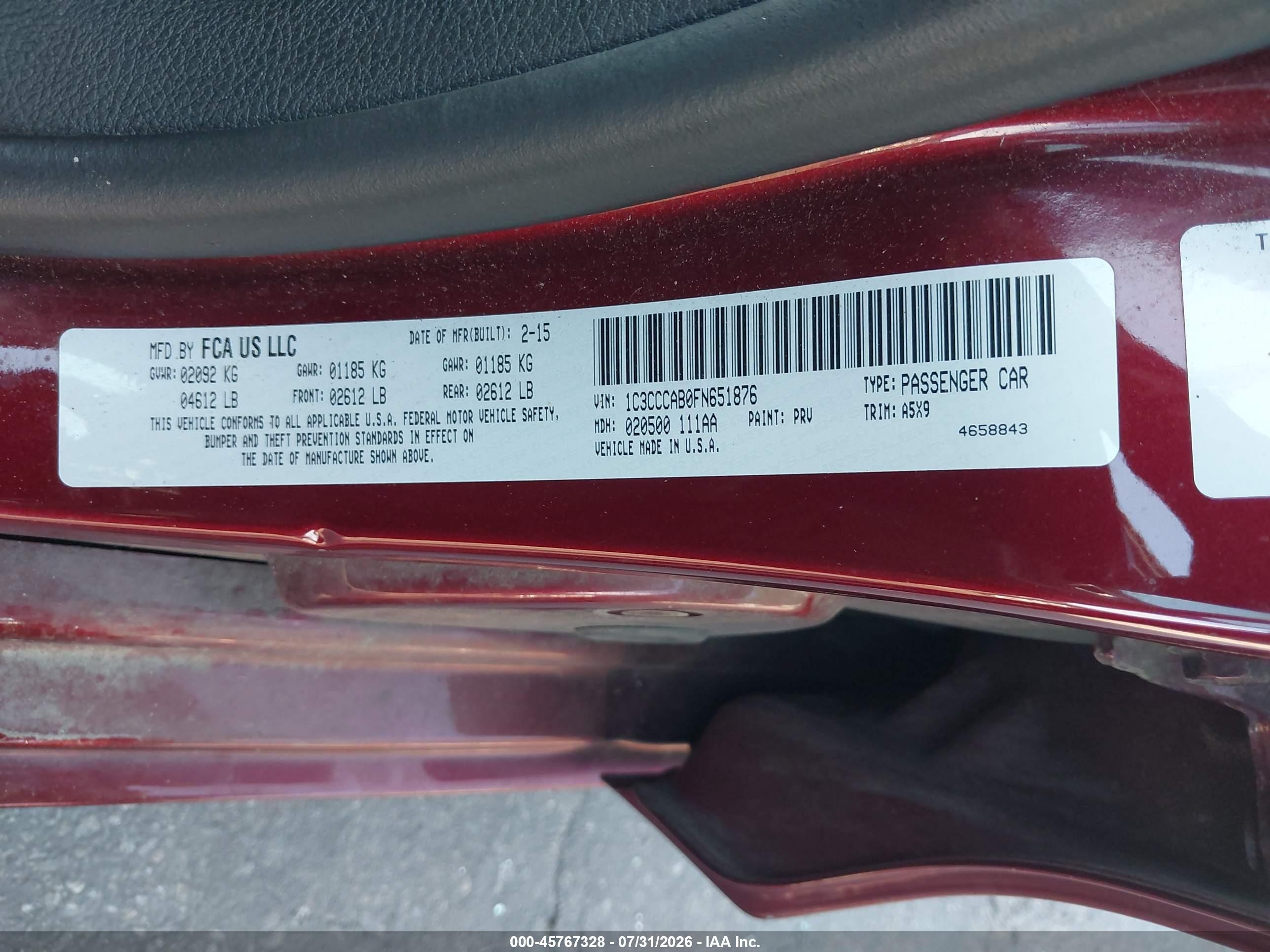 2015 Chrysler 200 Limited Burgundy vin: 1C3CCCAB0FN651876