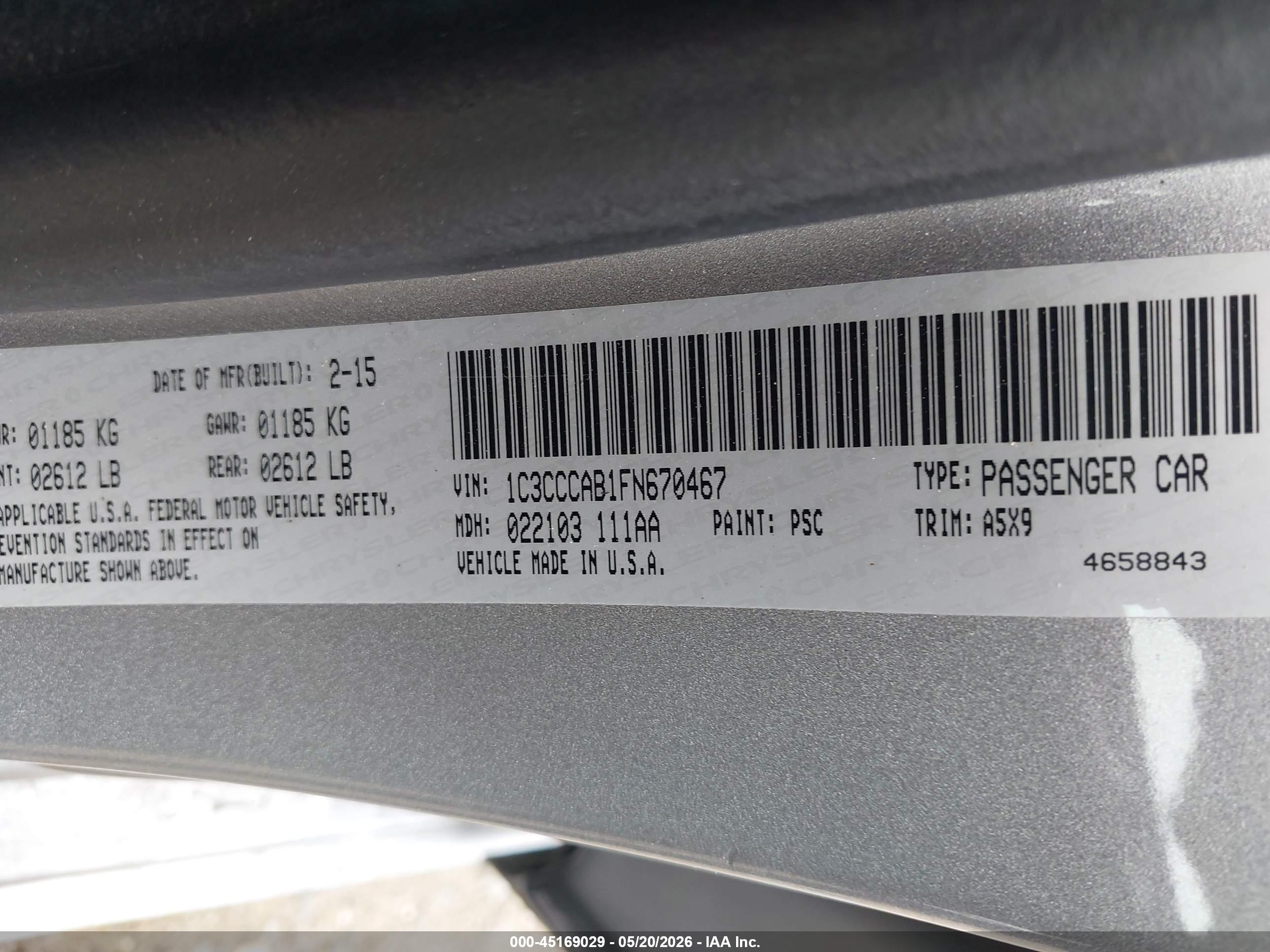 2015 Chrysler 200 Limited Silver vin: 1C3CCCAB1FN670467