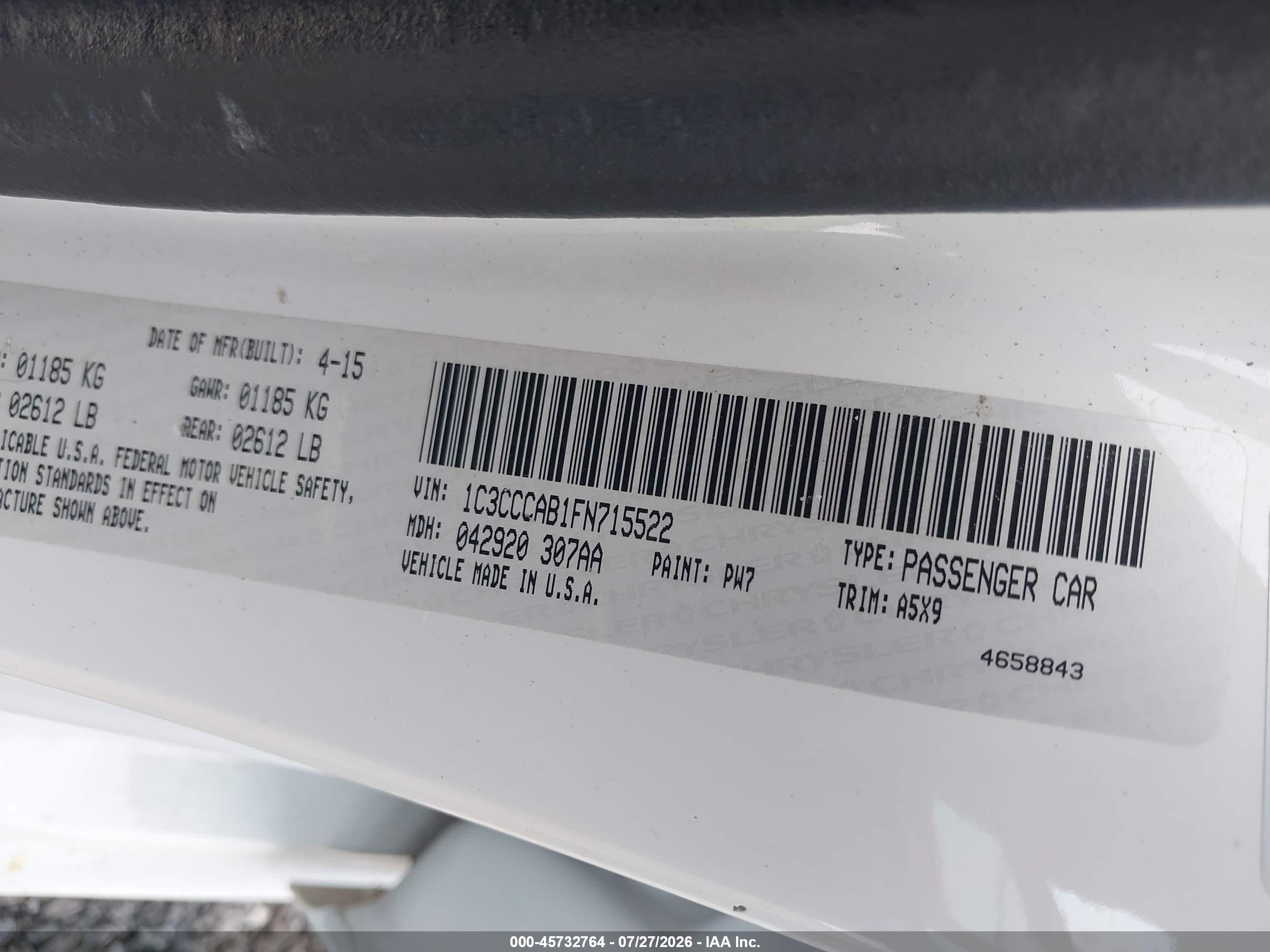 2015 Chrysler 200 Limited White vin: 1C3CCCAB1FN715522
