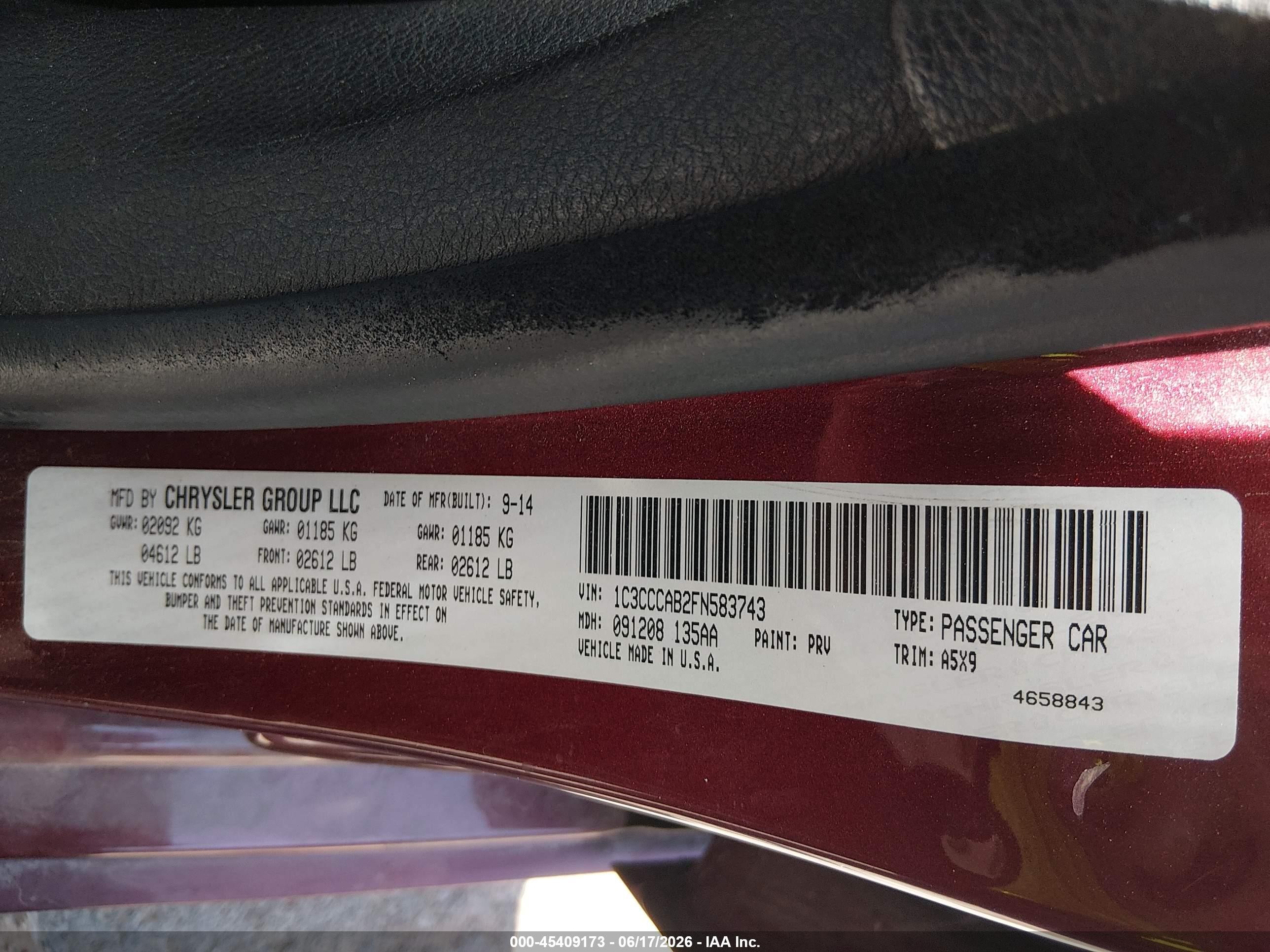 2015 Chrysler 200 Limited Maroon vin: 1C3CCCAB2FN583743
