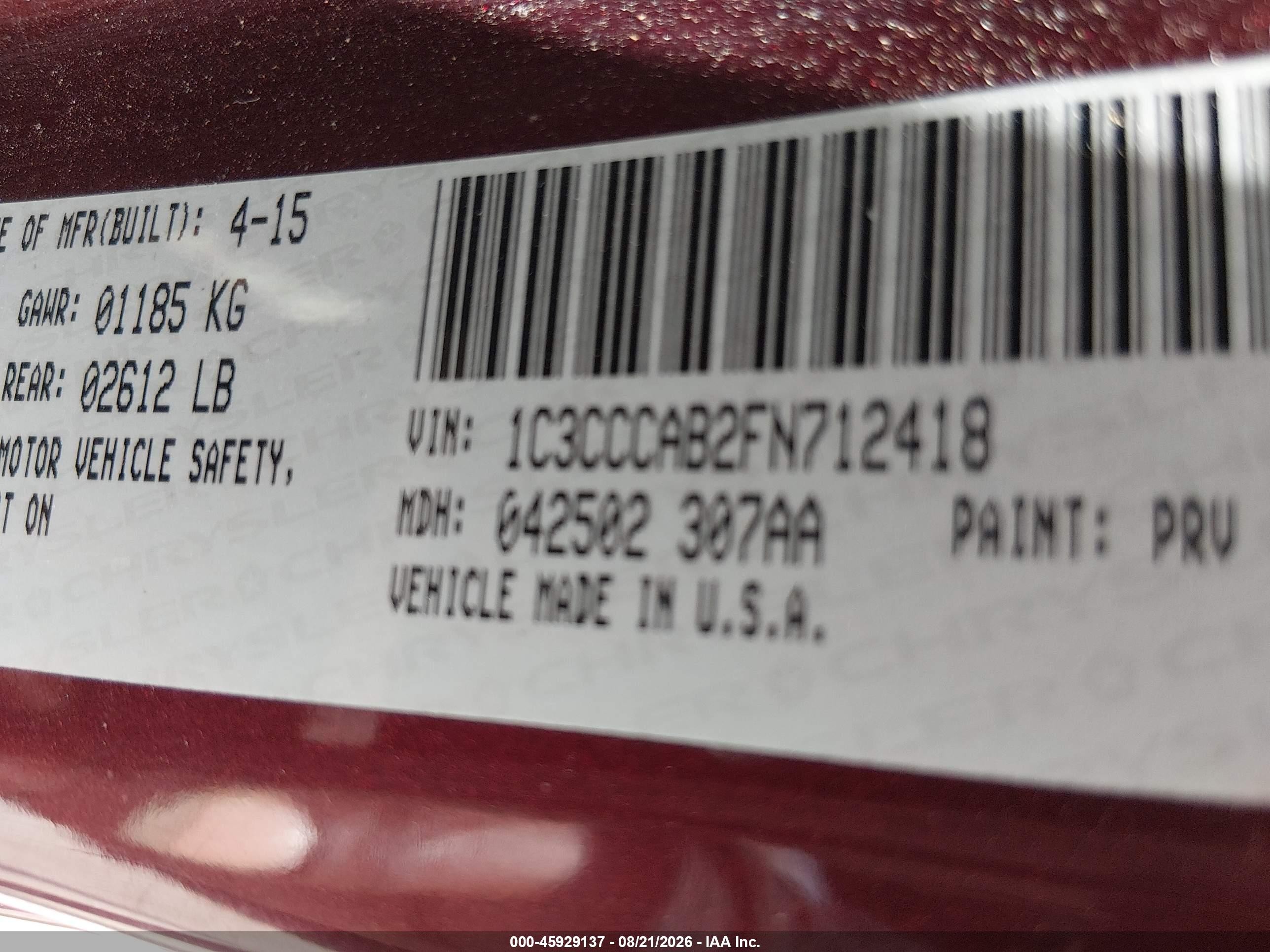 2015 Chrysler 200 Limited Бордовый vin: 1C3CCCAB2FN712418