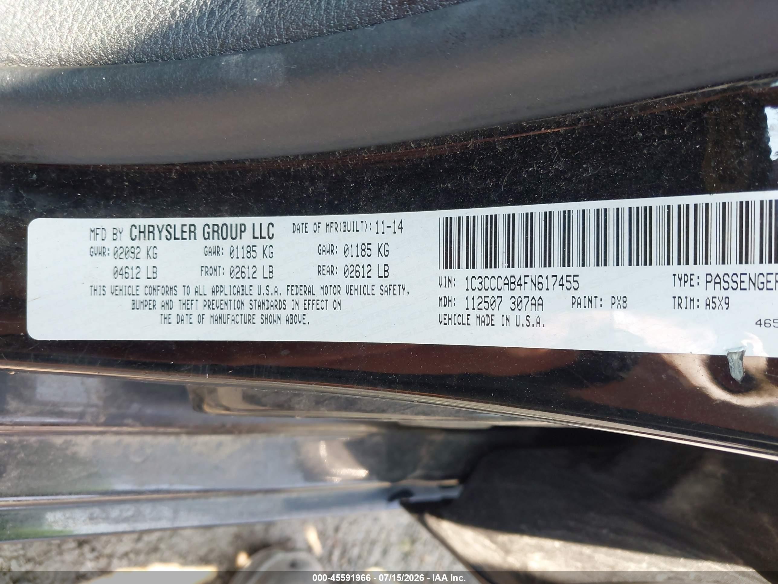 2015 Chrysler 200 Limited Black vin: 1C3CCCAB4FN617455