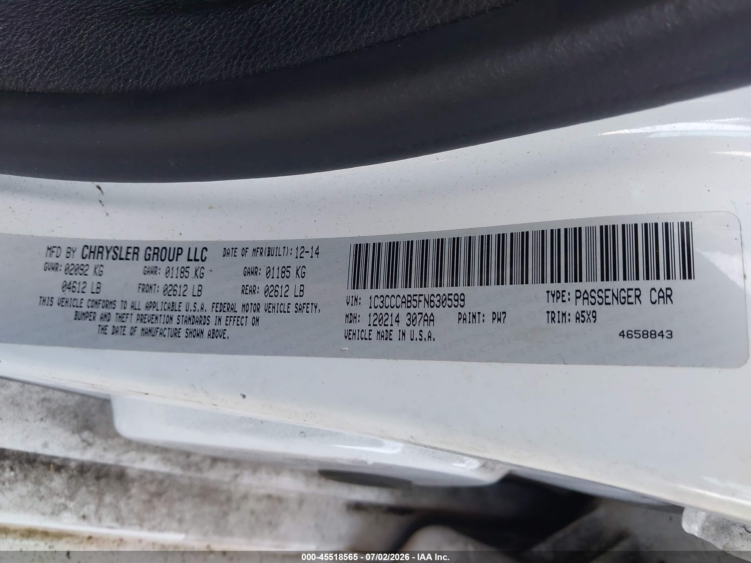 2015 Chrysler 200 Limited White vin: 1C3CCCAB5FN630599