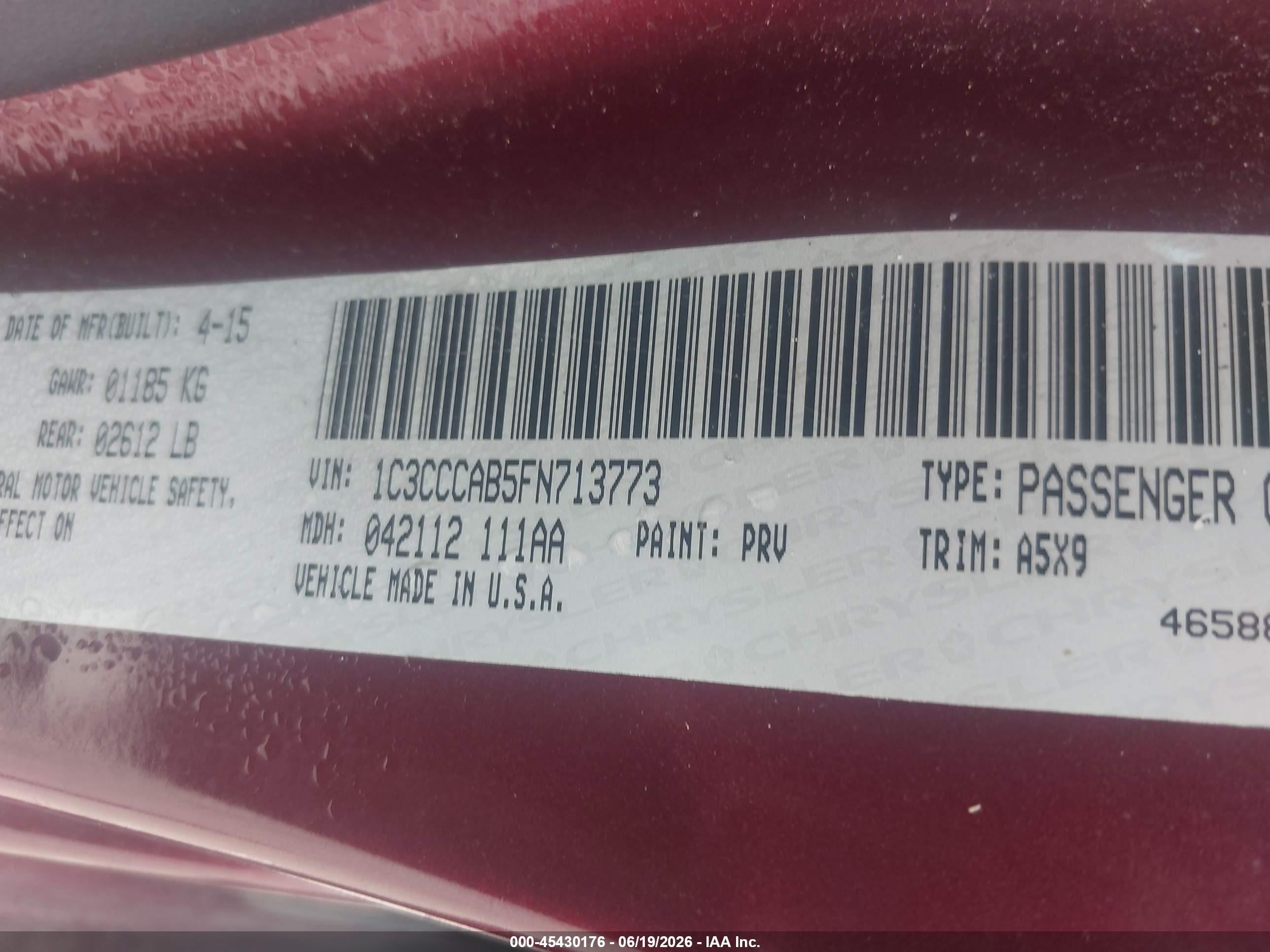 2015 Chrysler 200 Limited Maroon vin: 1C3CCCAB5FN713773