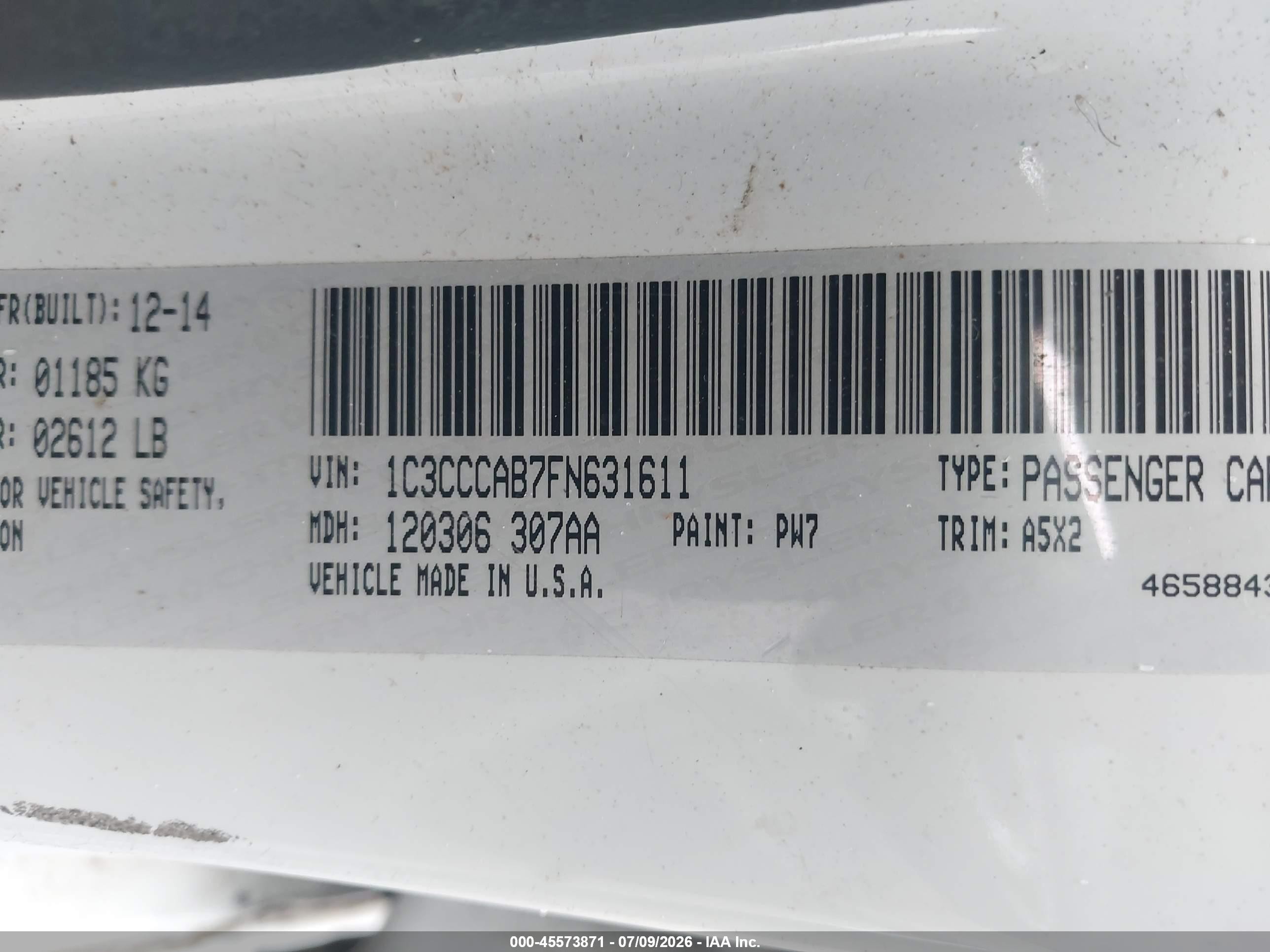 2015 Chrysler 200 Limited White vin: 1C3CCCAB7FN631611