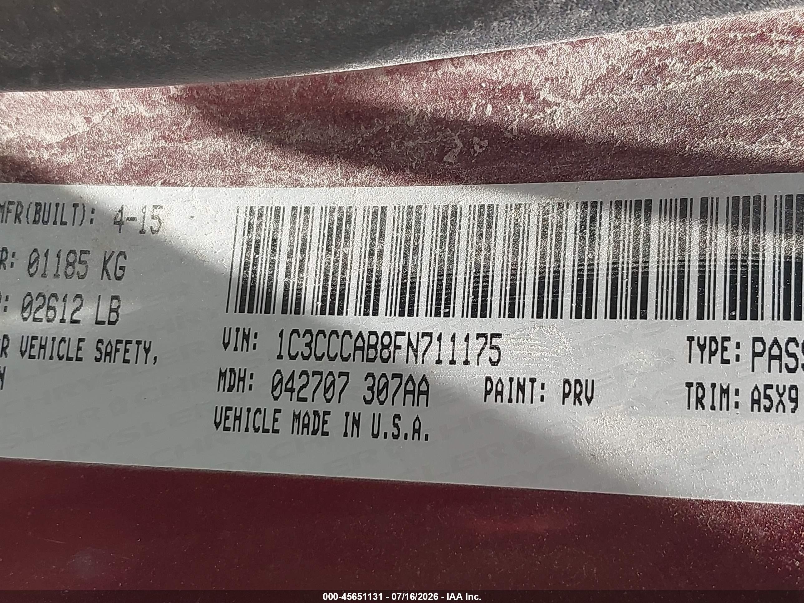 2015 Chrysler 200 Limited Burgundy vin: 1C3CCCAB8FN711175