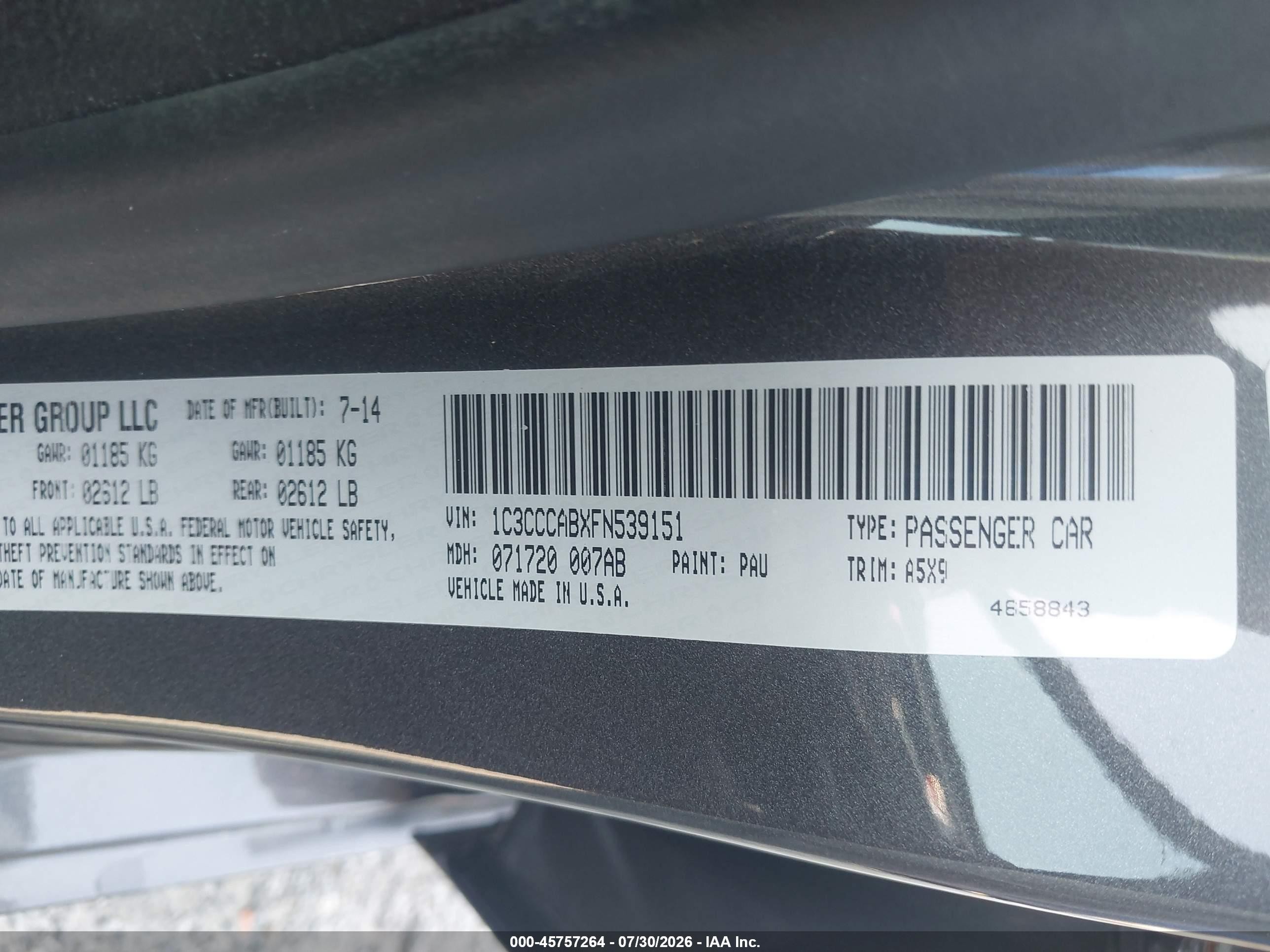 2015 Chrysler 200 Limited Gray vin: 1C3CCCABXFN539151
