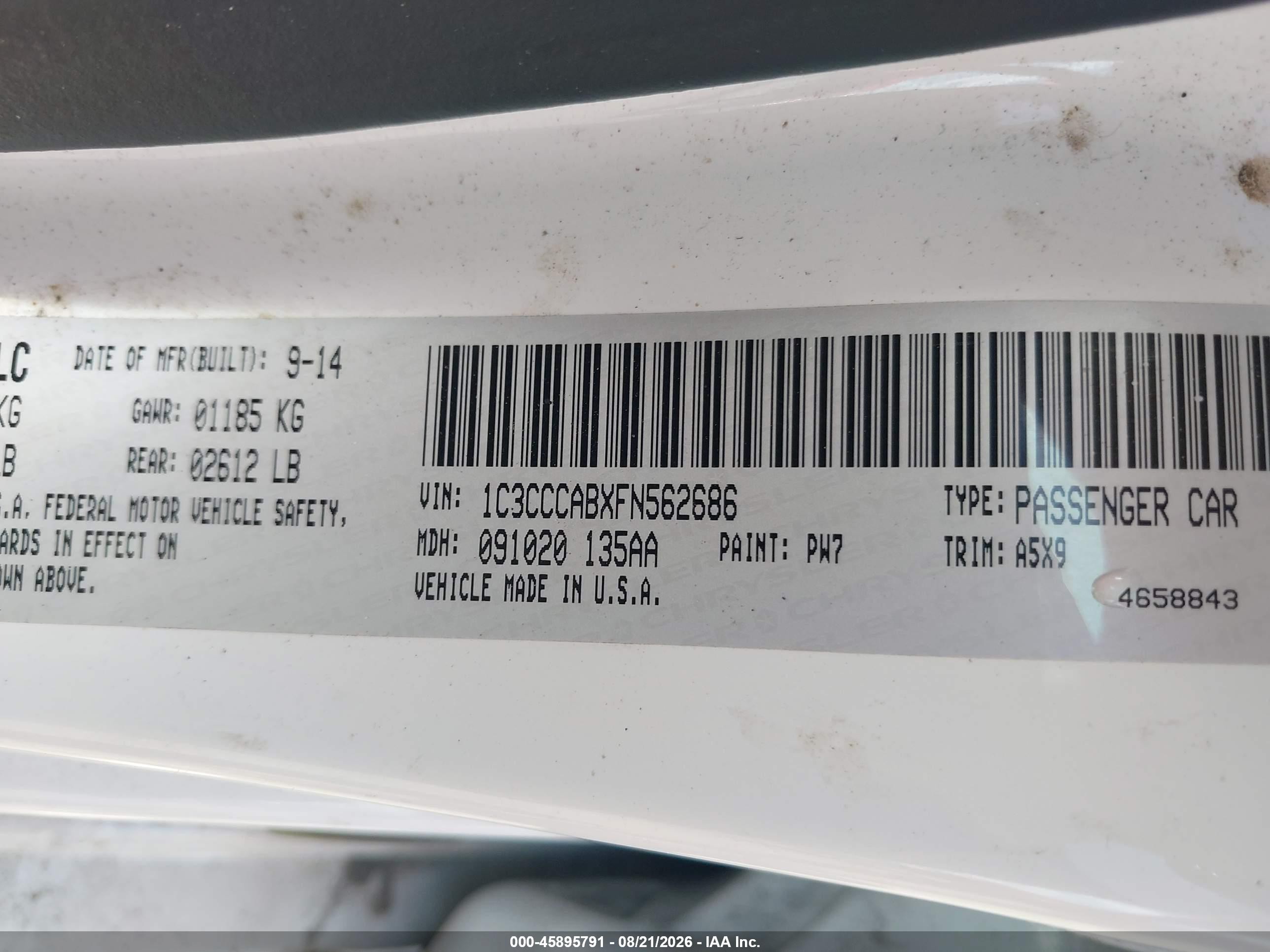 2015 Chrysler 200 Limited White vin: 1C3CCCABXFN562686