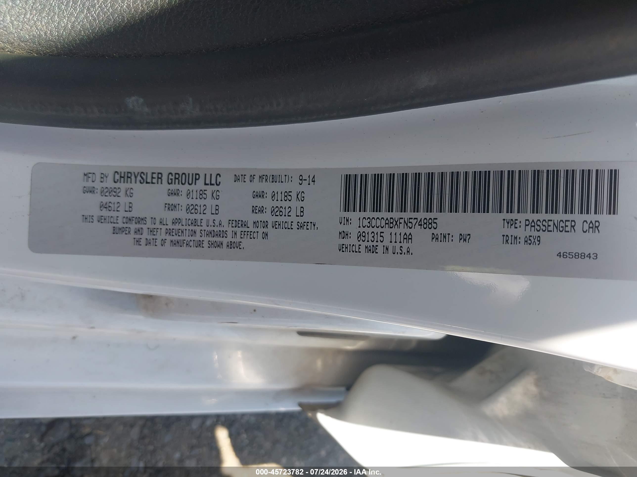 2015 Chrysler 200 Limited Белый vin: 1C3CCCABXFN574885