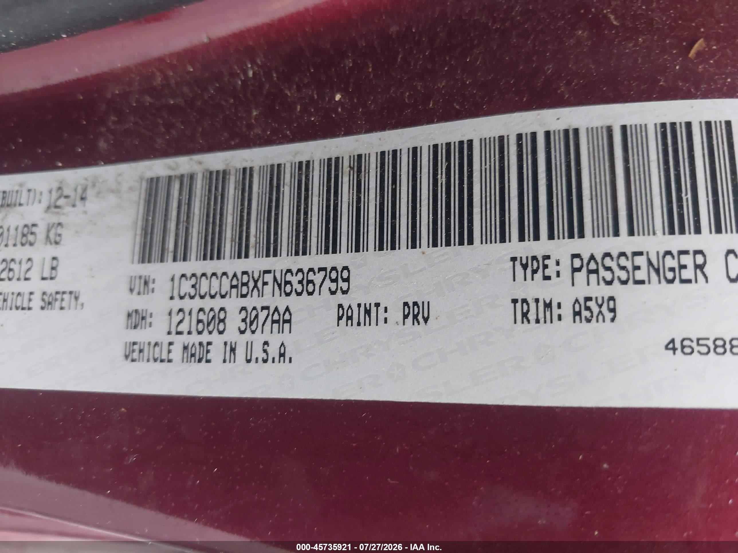 2015 Chrysler 200 Limited Burgundy vin: 1C3CCCABXFN636799