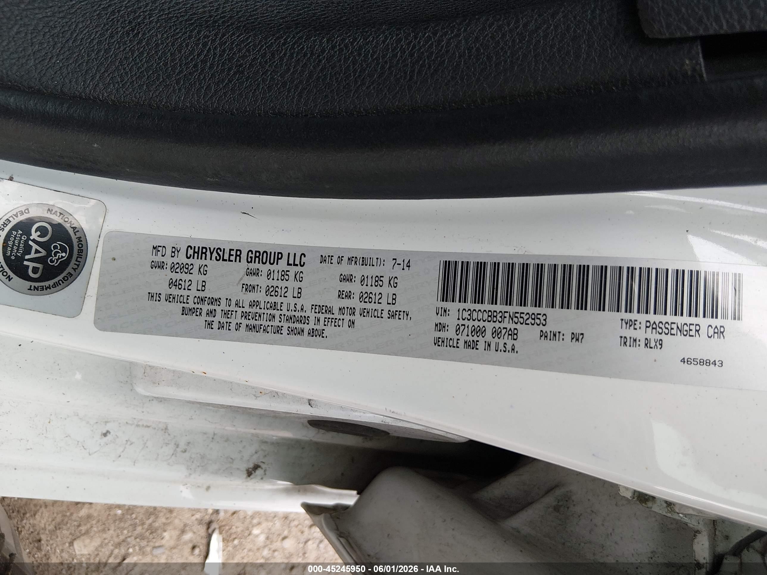 2015 Chrysler 200 S White vin: 1C3CCCBB3FN552953
