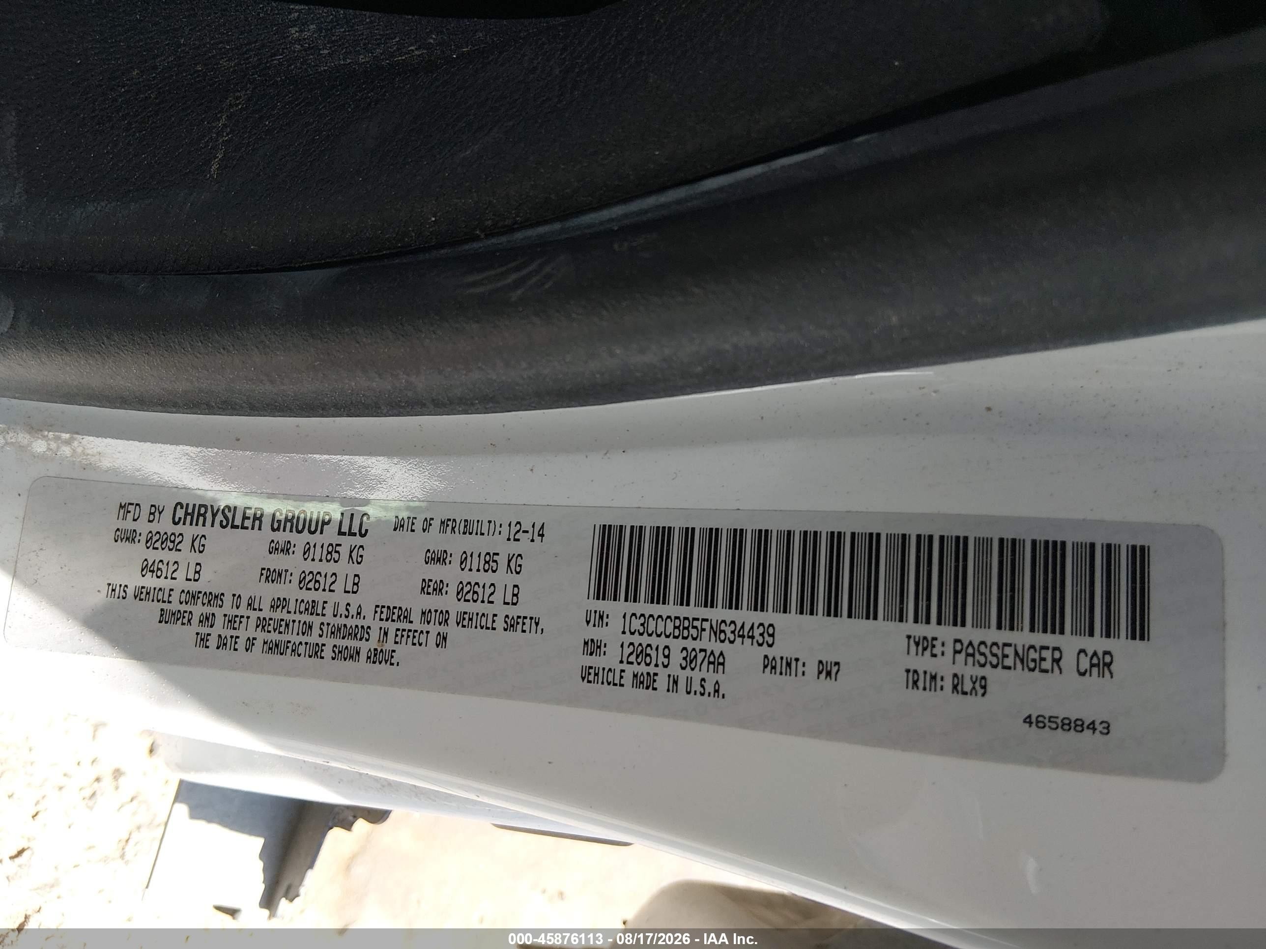 2015 Chrysler 200 S White vin: 1C3CCCBB5FN634439