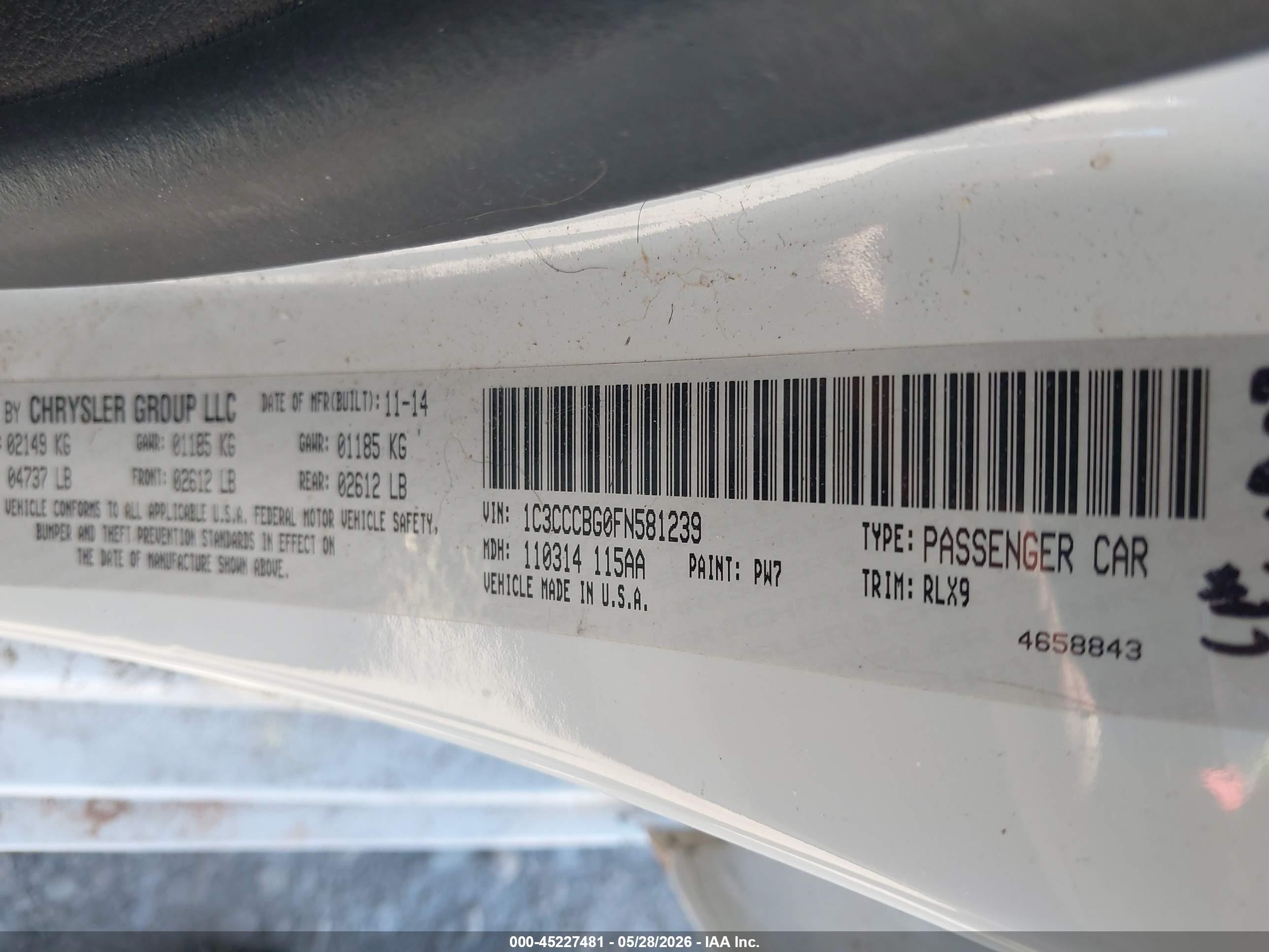2015 Chrysler 200 S White vin: 1C3CCCBG0FN581239
