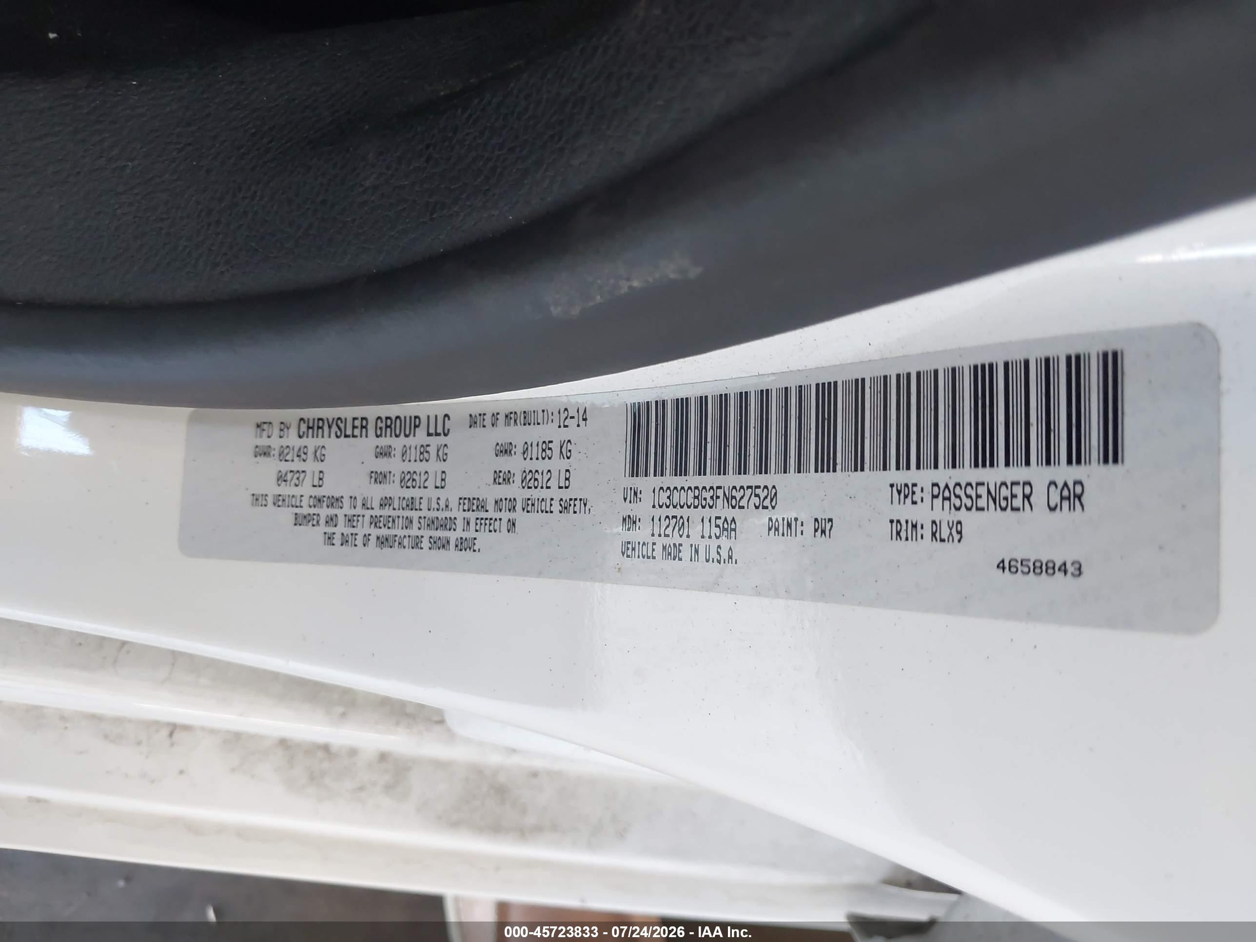 2015 Chrysler 200 S White vin: 1C3CCCBG3FN627520
