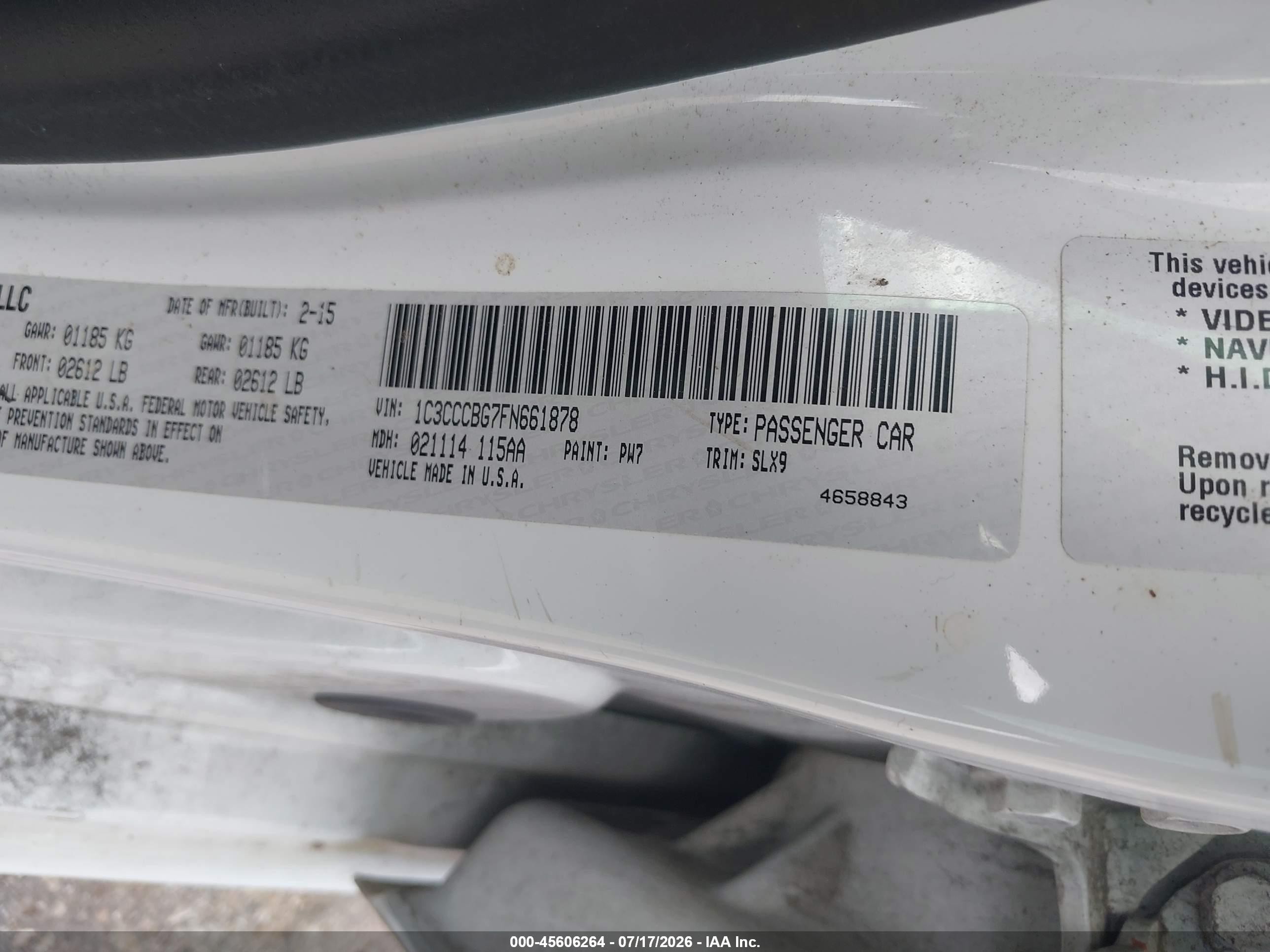 2015 Chrysler 200 S White vin: 1C3CCCBG7FN661878