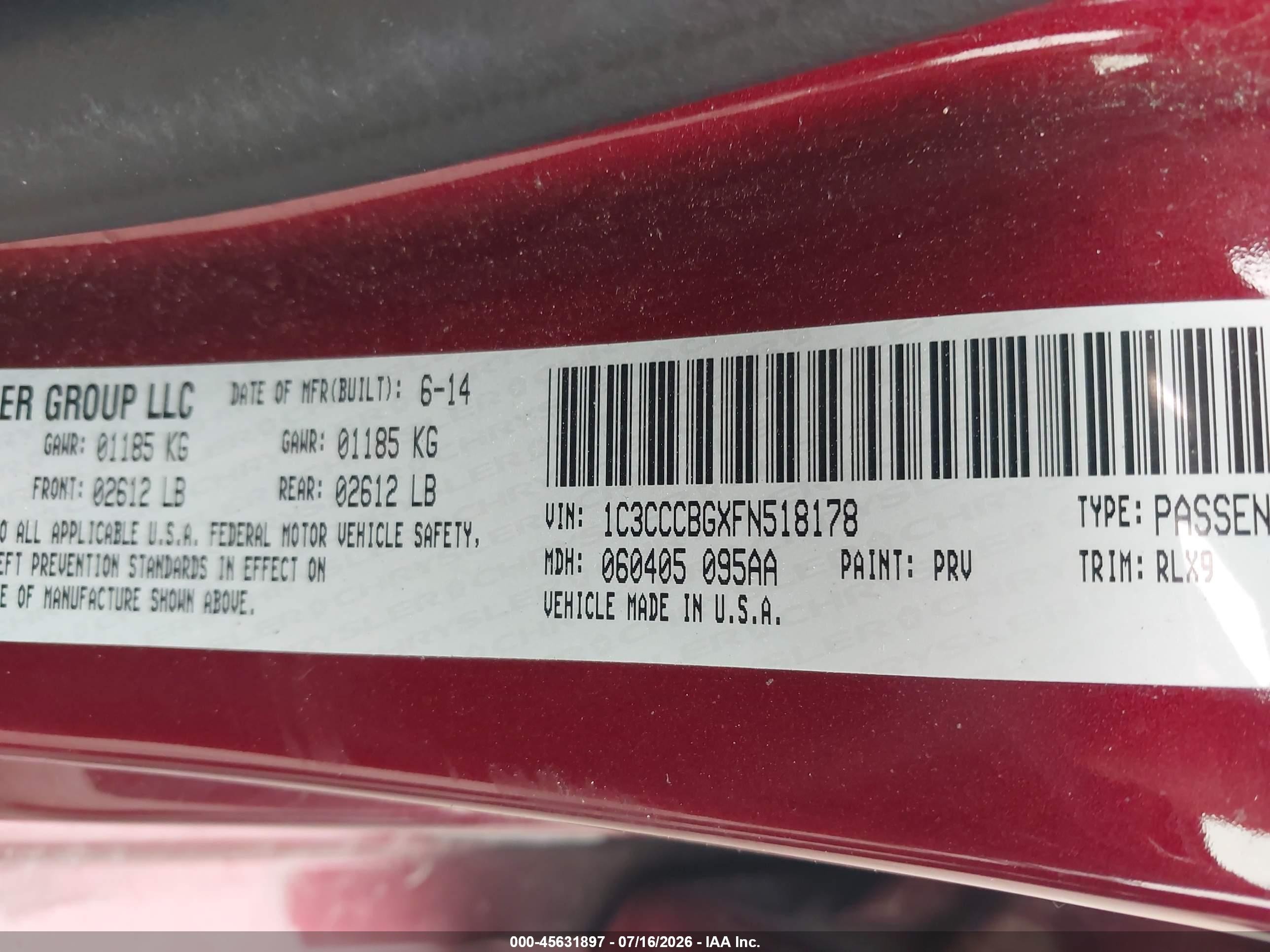 2015 Chrysler 200 S Красный vin: 1C3CCCBGXFN518178