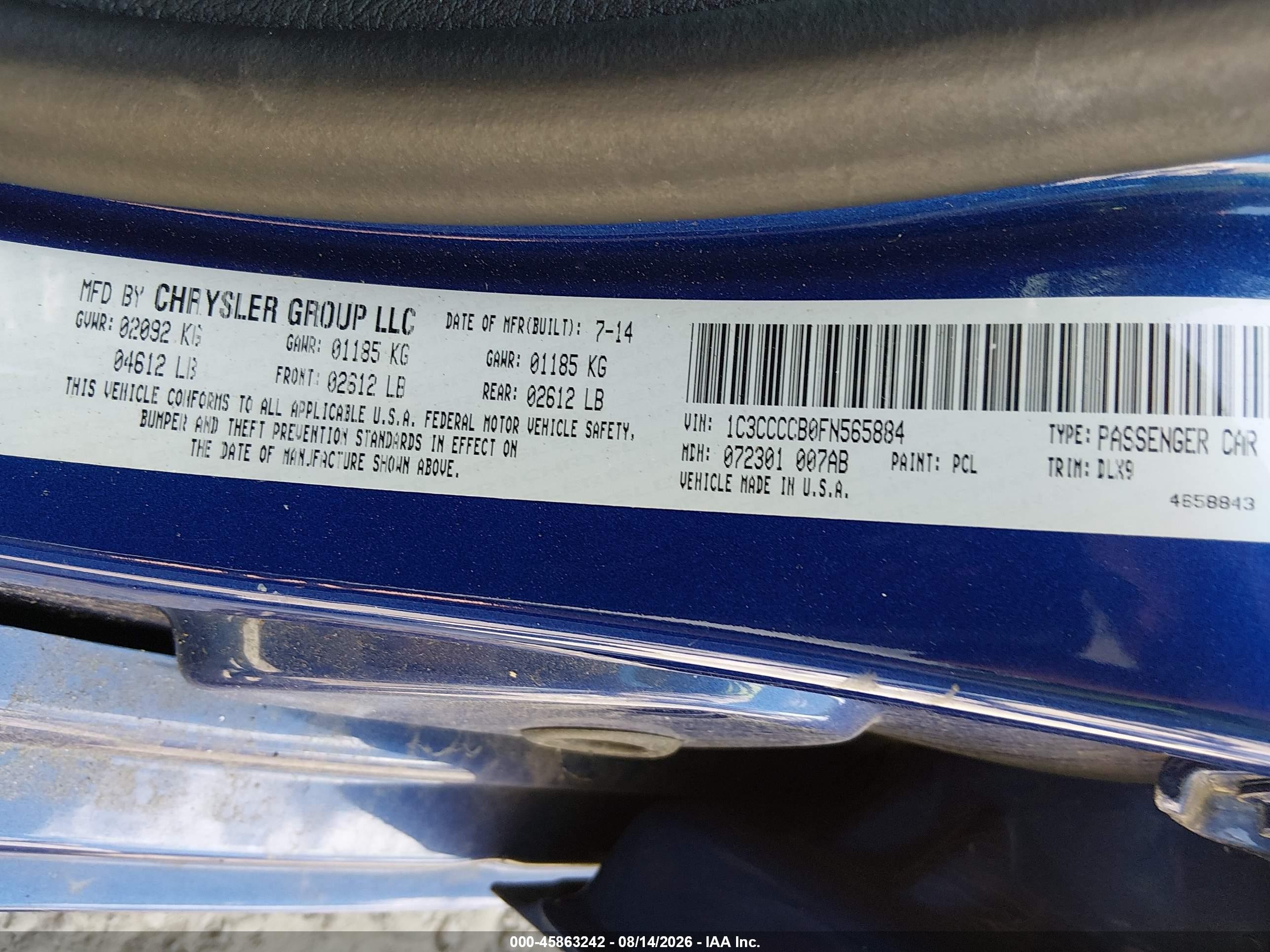 2015 Chrysler 200 C Blue vin: 1C3CCCCB0FN565884