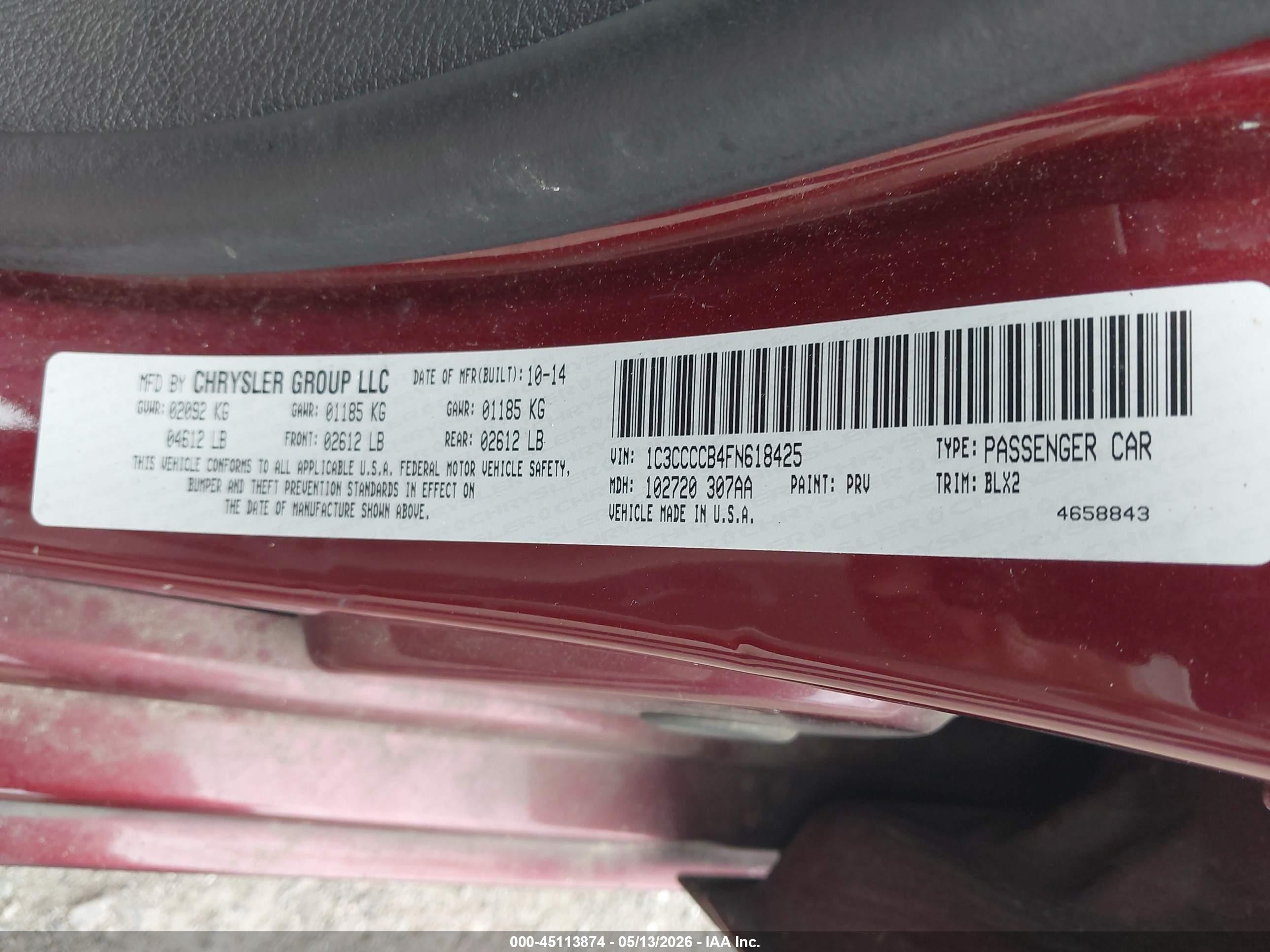2015 Chrysler 200 C Burgundy vin: 1C3CCCCB4FN618425
