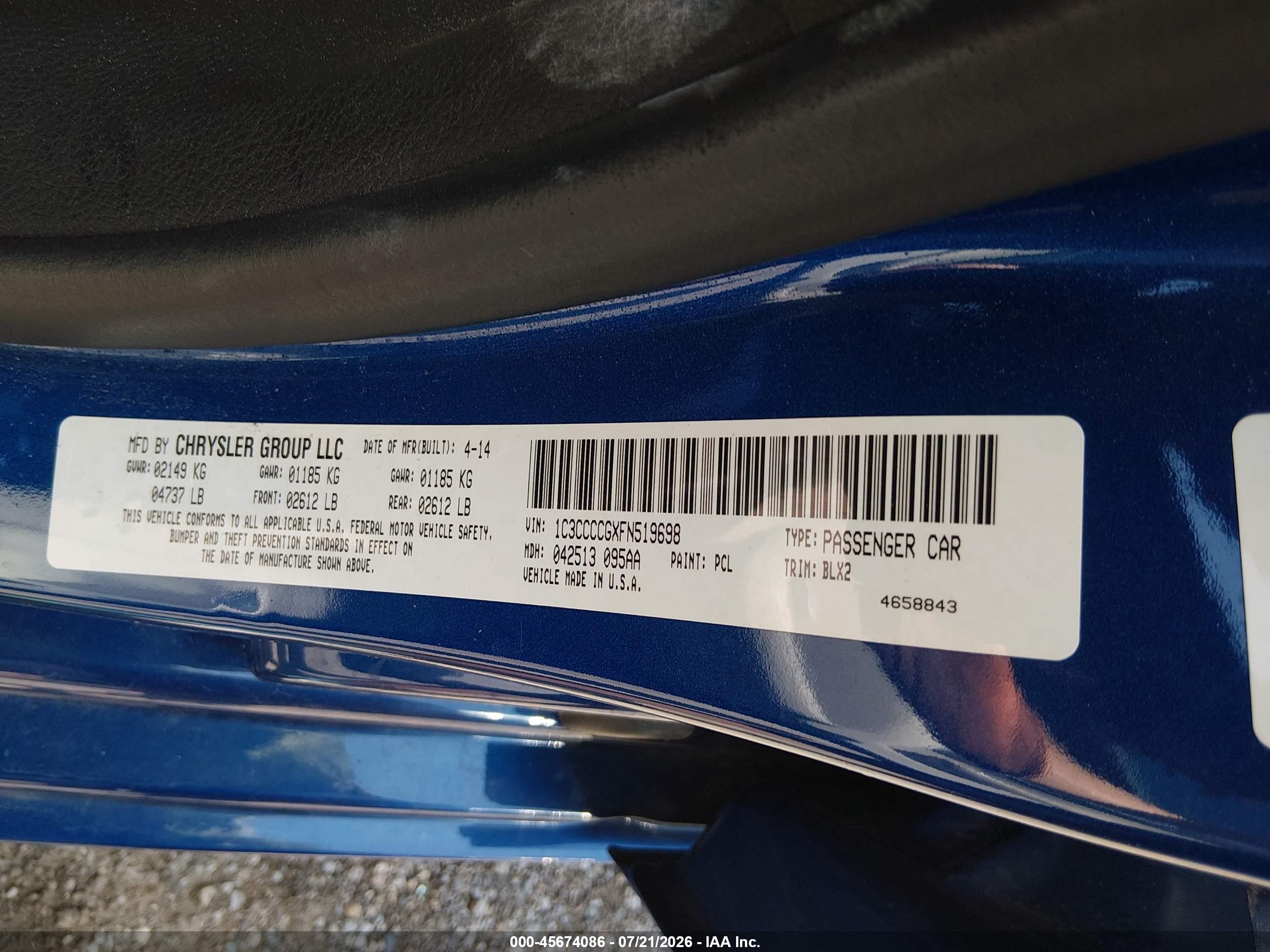 2015 Chrysler 200 C Blue vin: 1C3CCCCGXFN519698