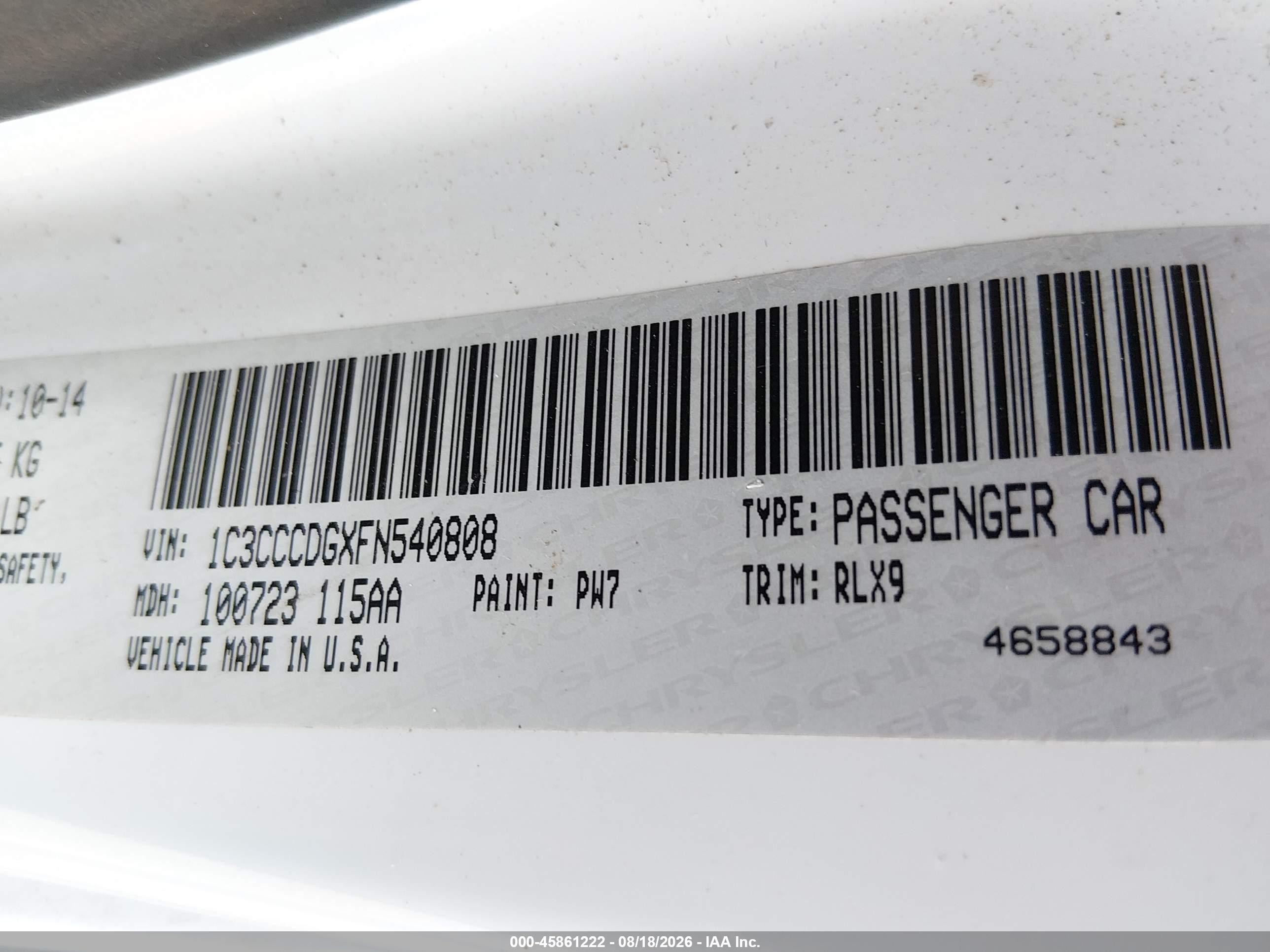 2015 Chrysler 200 S White vin: 1C3CCCDGXFN540808