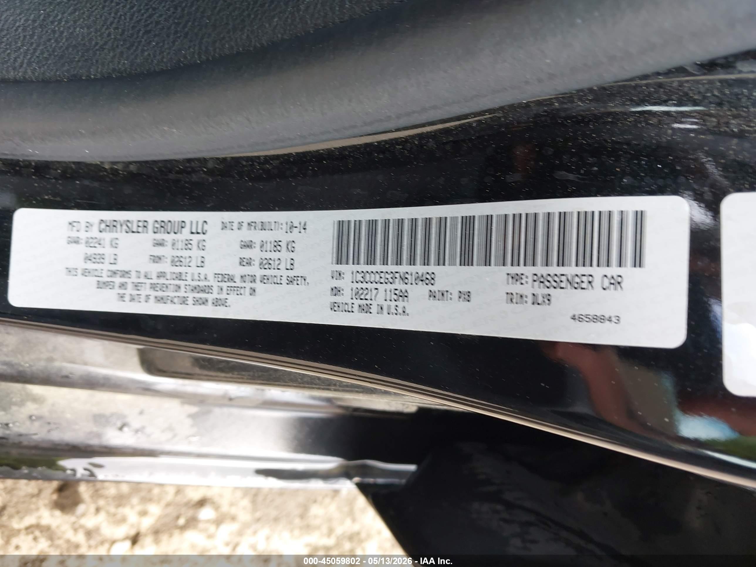 2015 Chrysler 200 C Black vin: 1C3CCCEG3FN610468