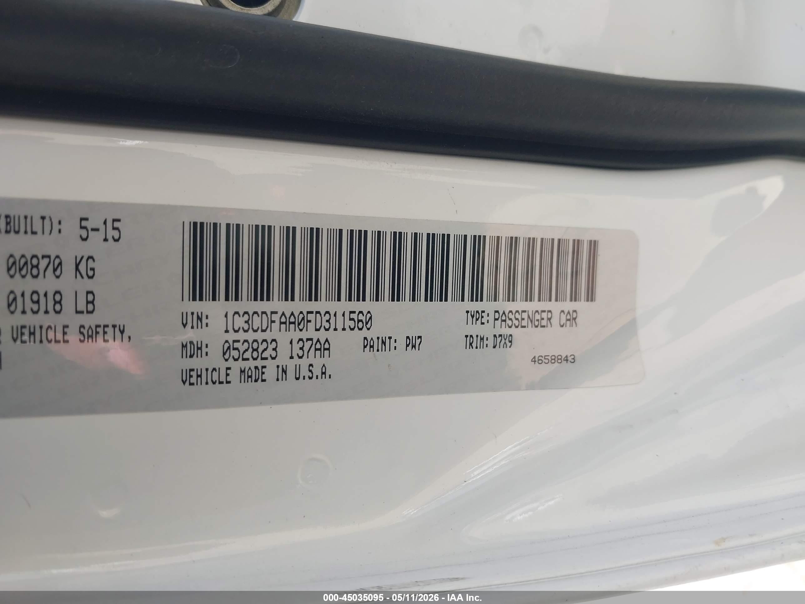 2015 Dodge Dart Se White vin: 1C3CDFAA0FD311560