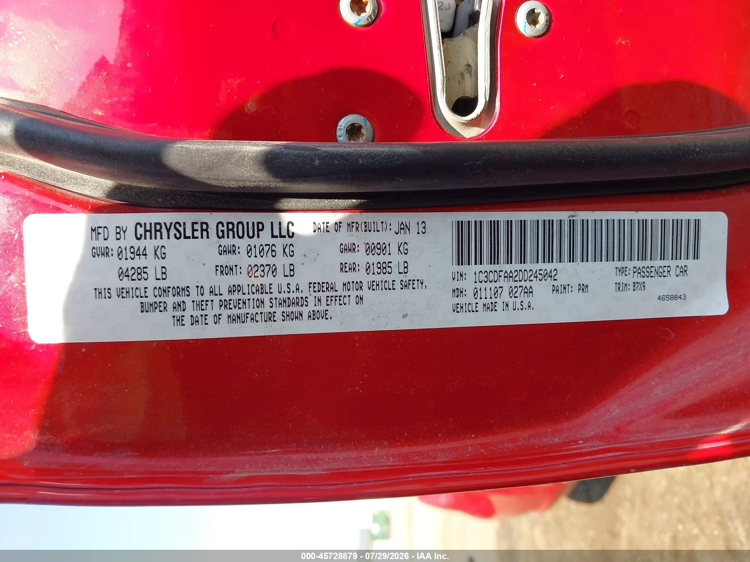 2013 Dodge Dart Se Red vin: 1C3CDFAA2DD245042