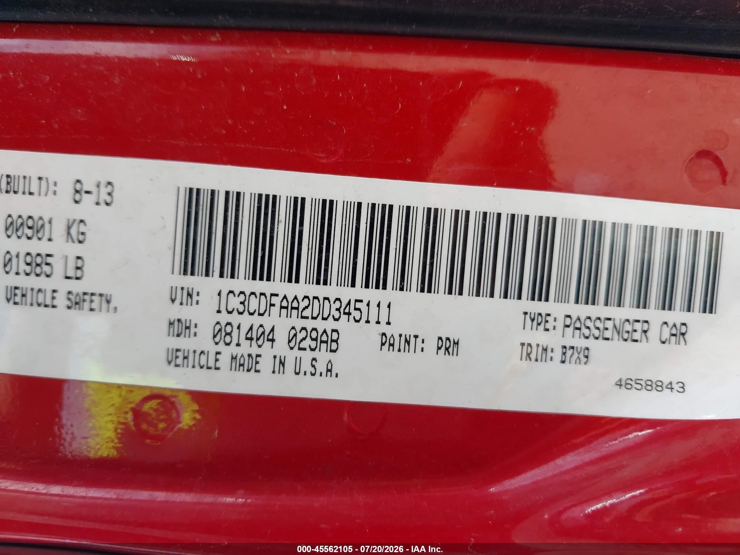 2013 Dodge Dart Se Red vin: 1C3CDFAA2DD345111