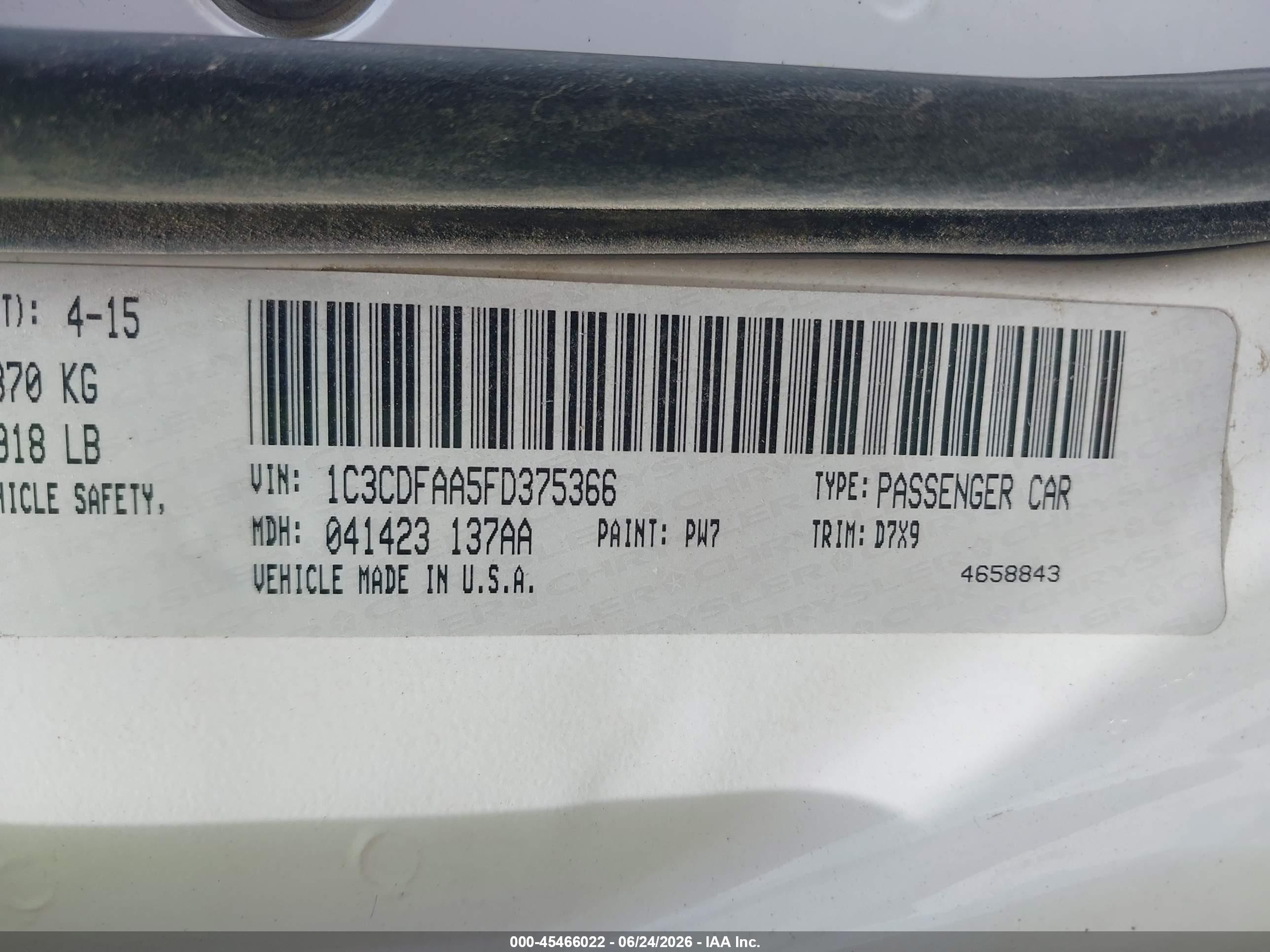 2015 Dodge Dart Se White vin: 1C3CDFAA5FD375366