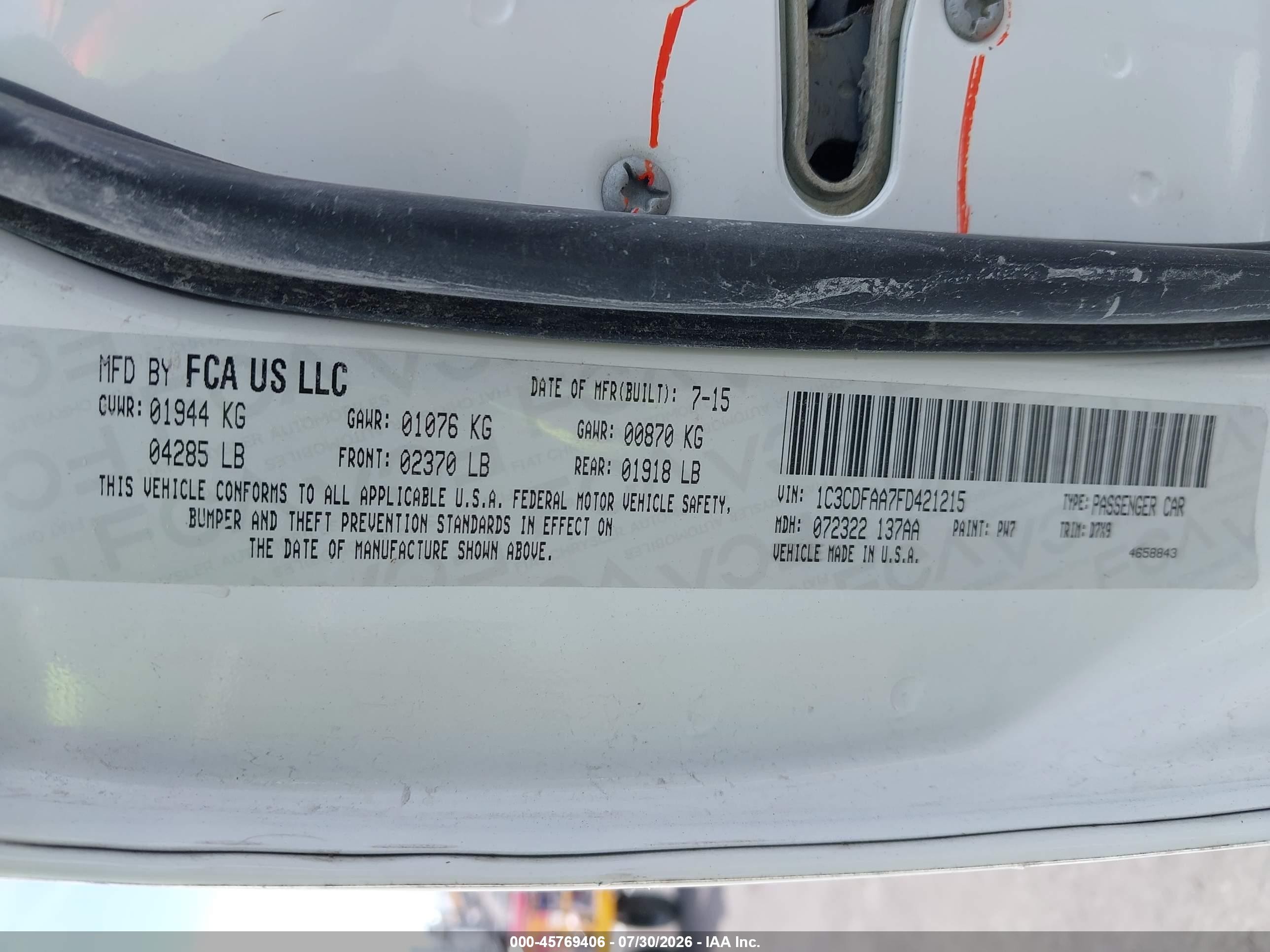 2015 Dodge Dart Se White vin: 1C3CDFAA7FD421215