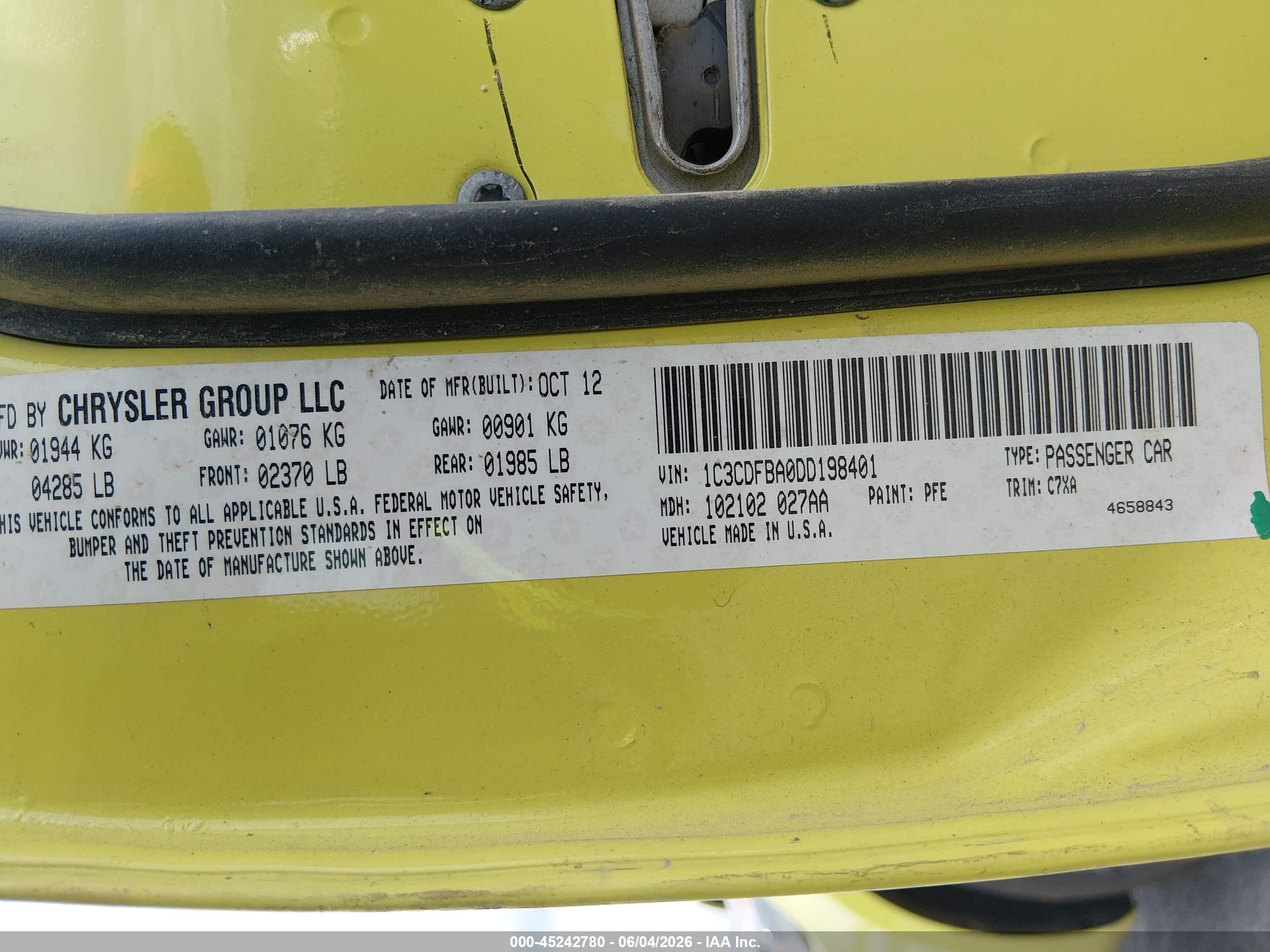 2013 Dodge Dart Rallye Yellow vin: 1C3CDFBA0DD198401