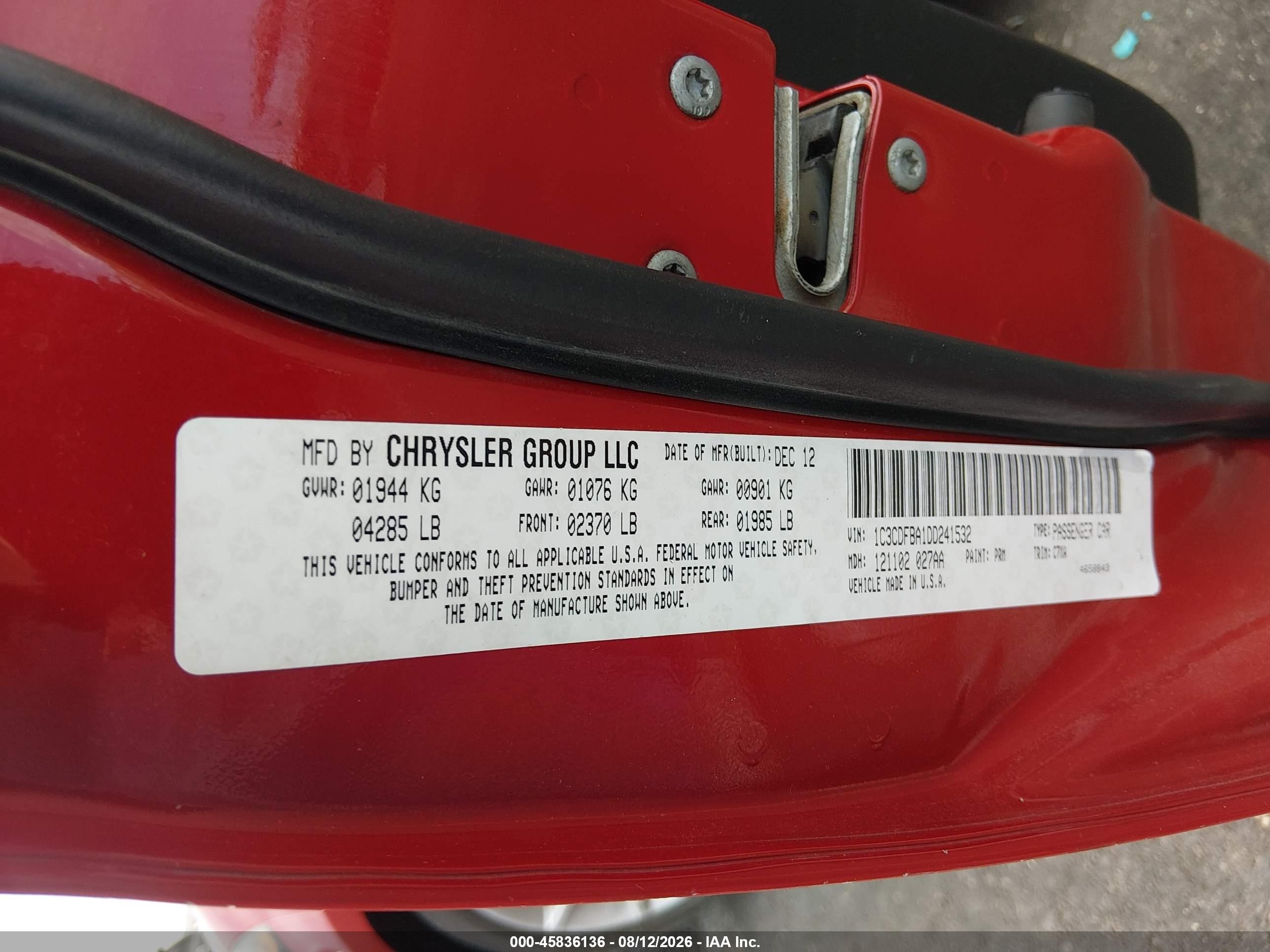2013 Dodge Dart Rallye Red vin: 1C3CDFBA1DD241532