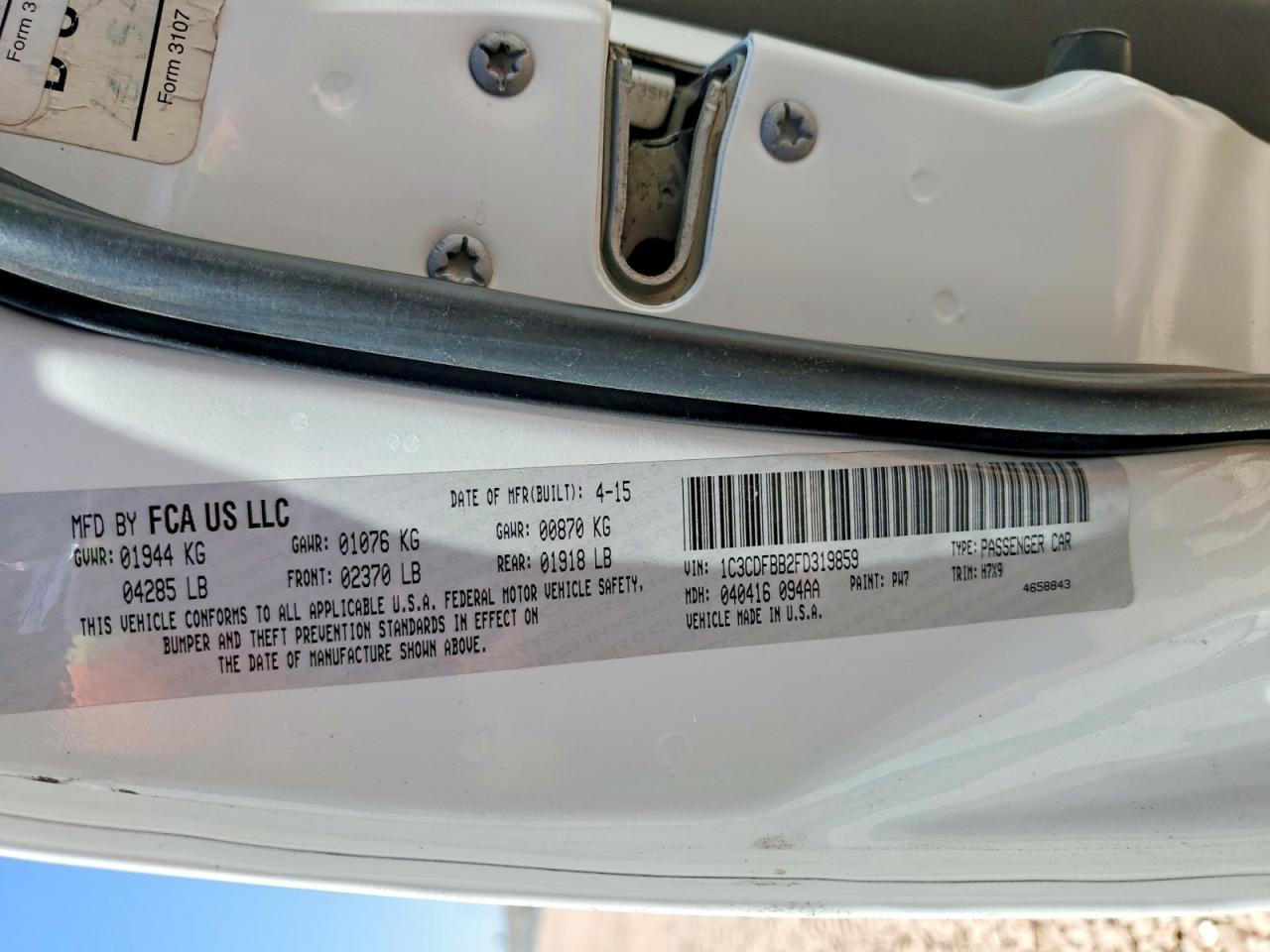 2015 Dodge Dart Sxt White vin: 1C3CDFBB2FD319859